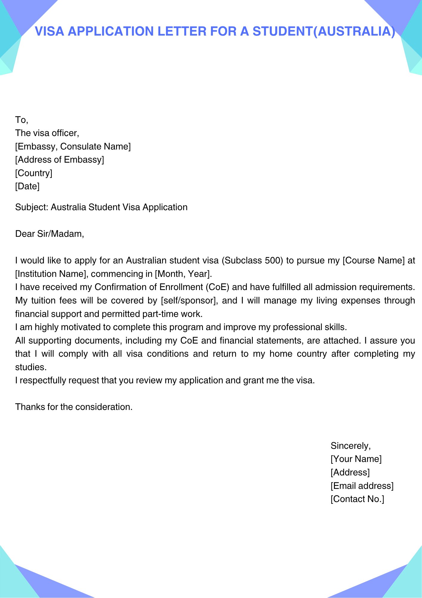 Visa Application Letter for a Student(Australia)