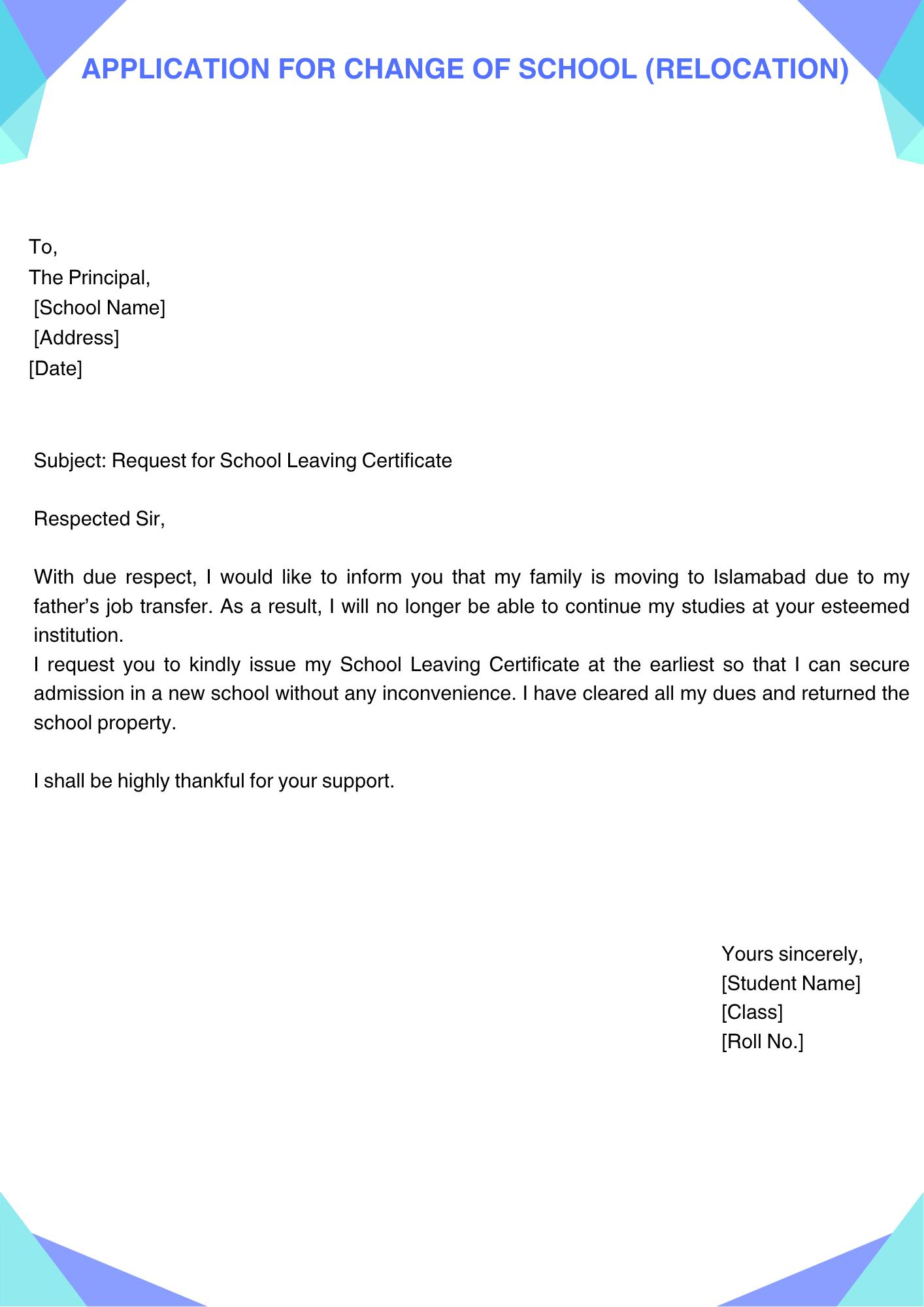 Application for Change of School (Relocation)