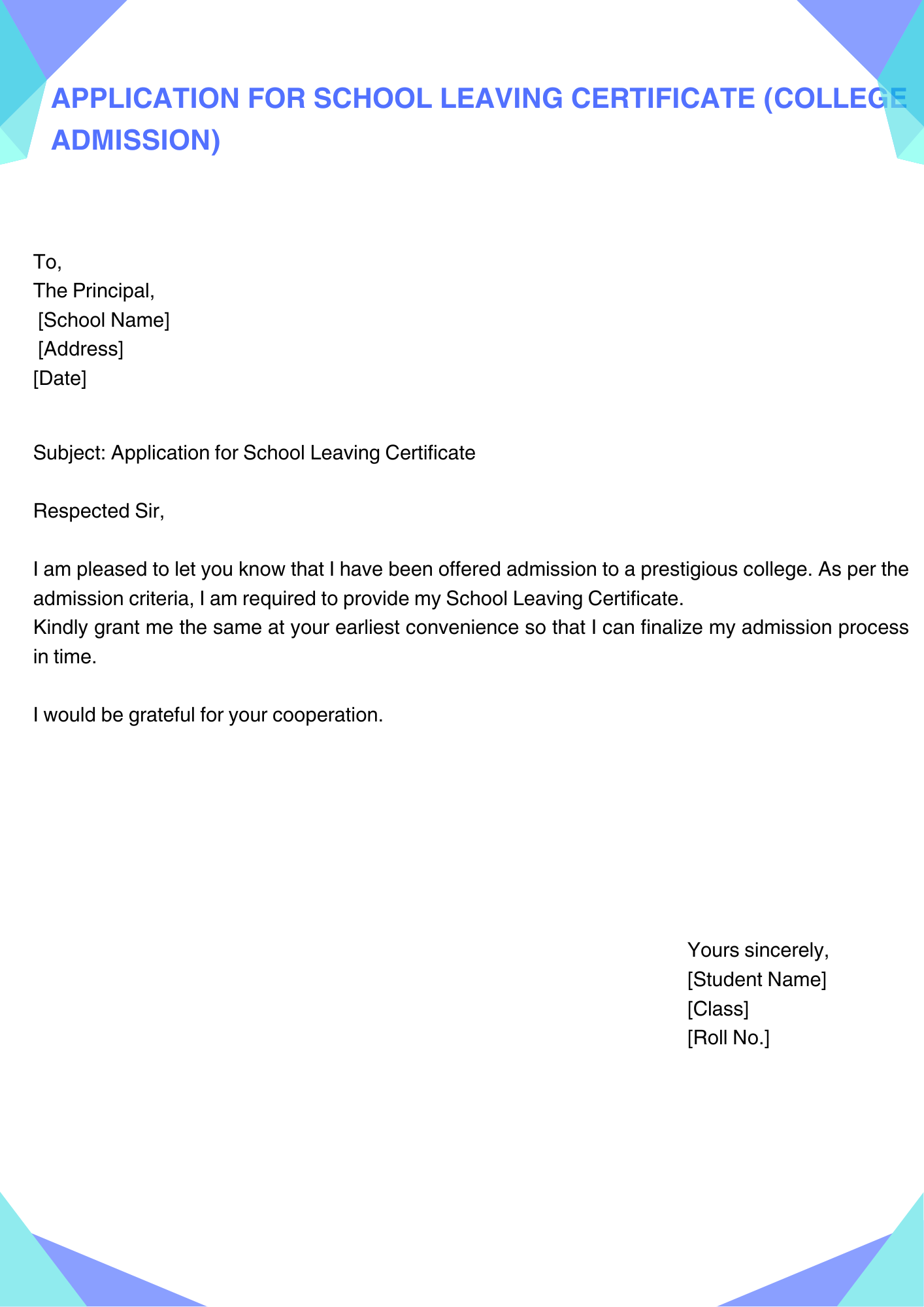 Application for School Leaving Certificate (College Admission )