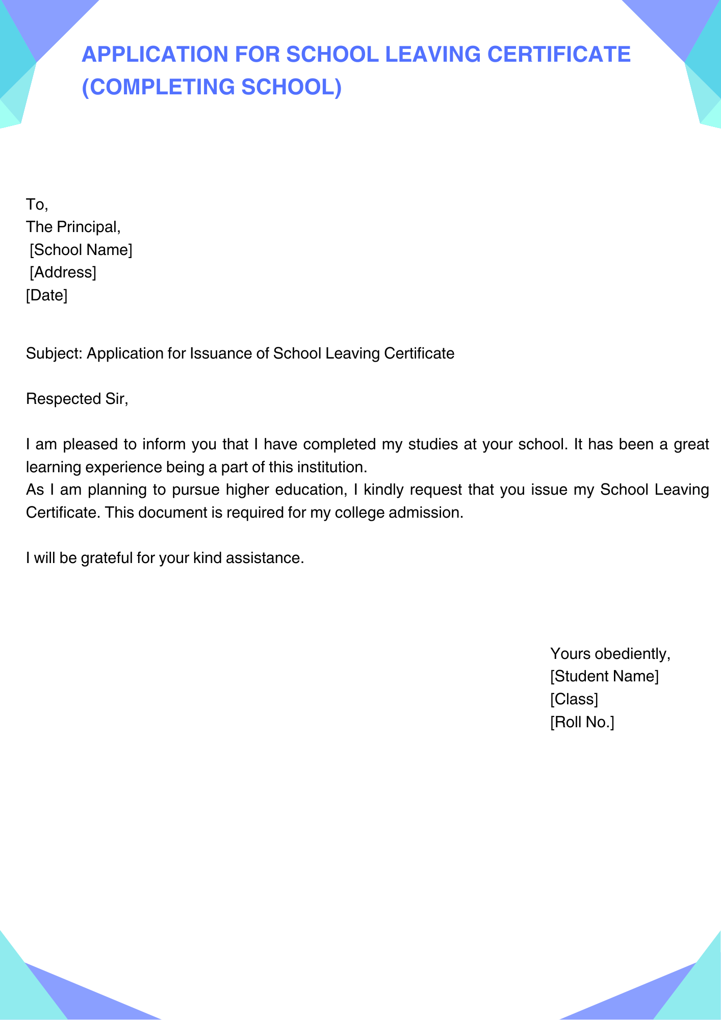 Application for School Leaving Certificate (Completing School)