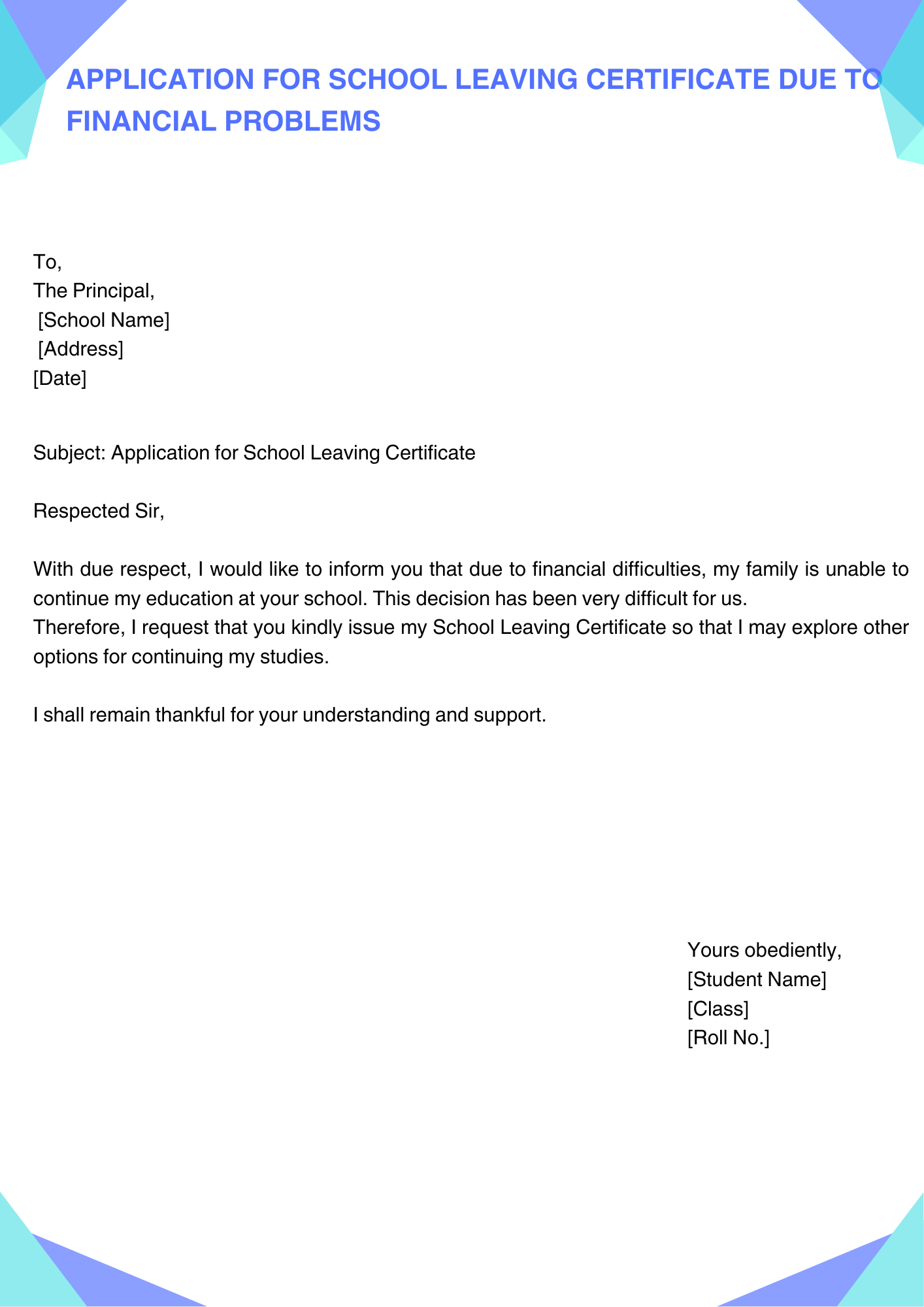 Application for School Leaving Certificate Due to Financial Problems