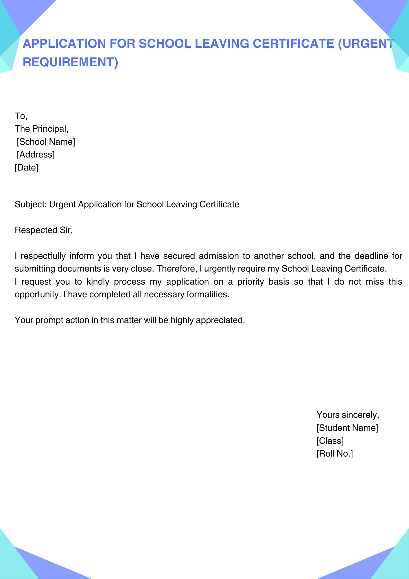 Application for School Leaving Certificate (Urgent Requirement)