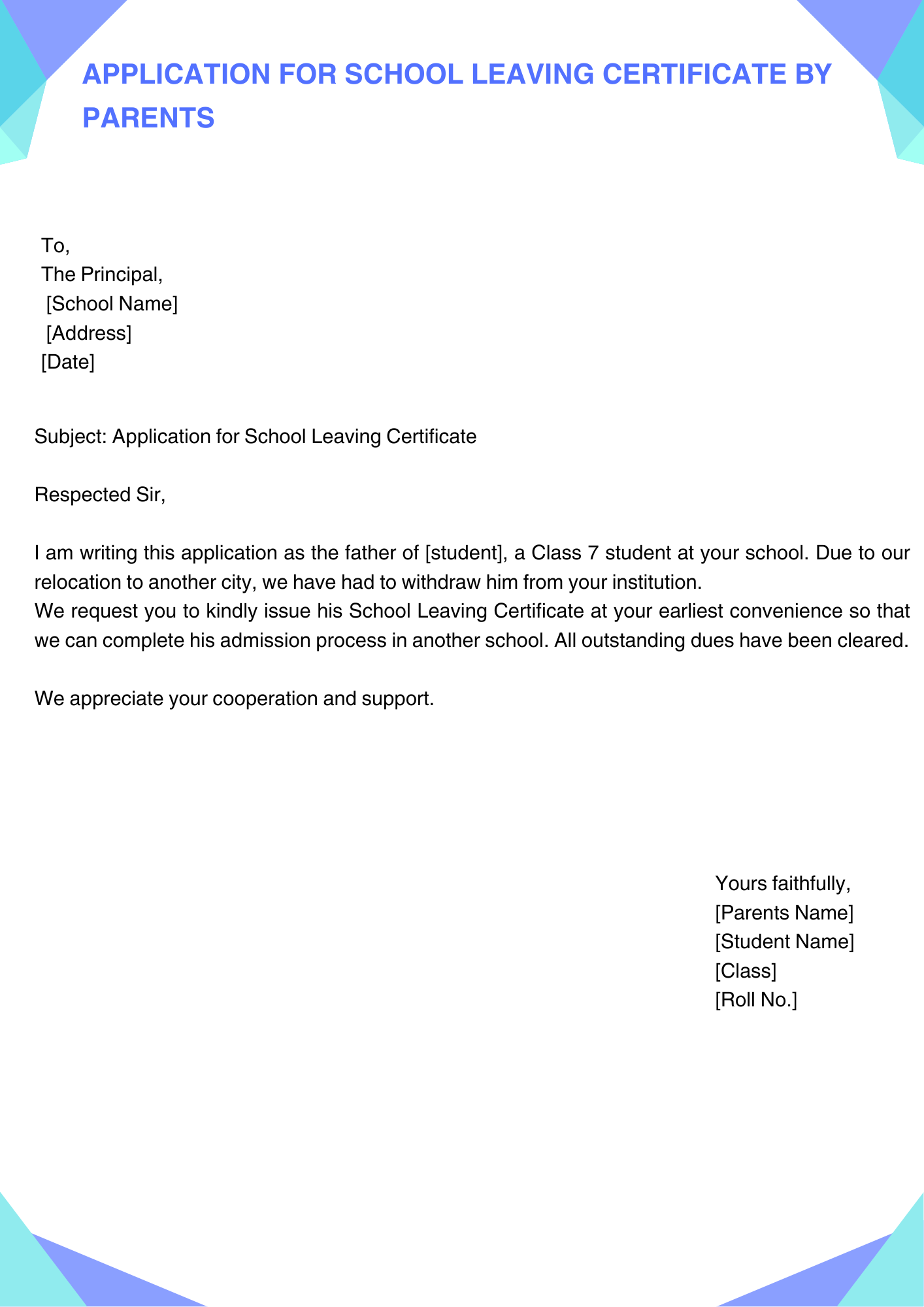 Application for School Leaving Certificate by Parents