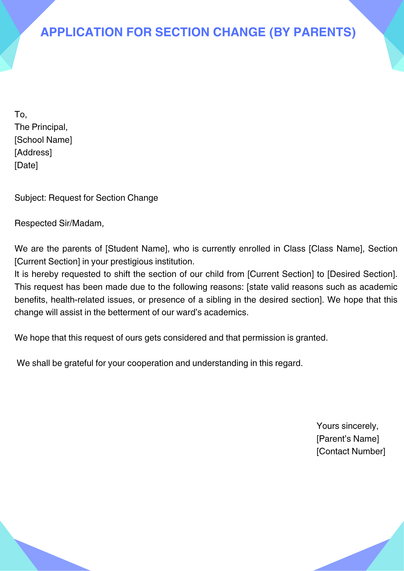 Application for Section Change (By Parents)