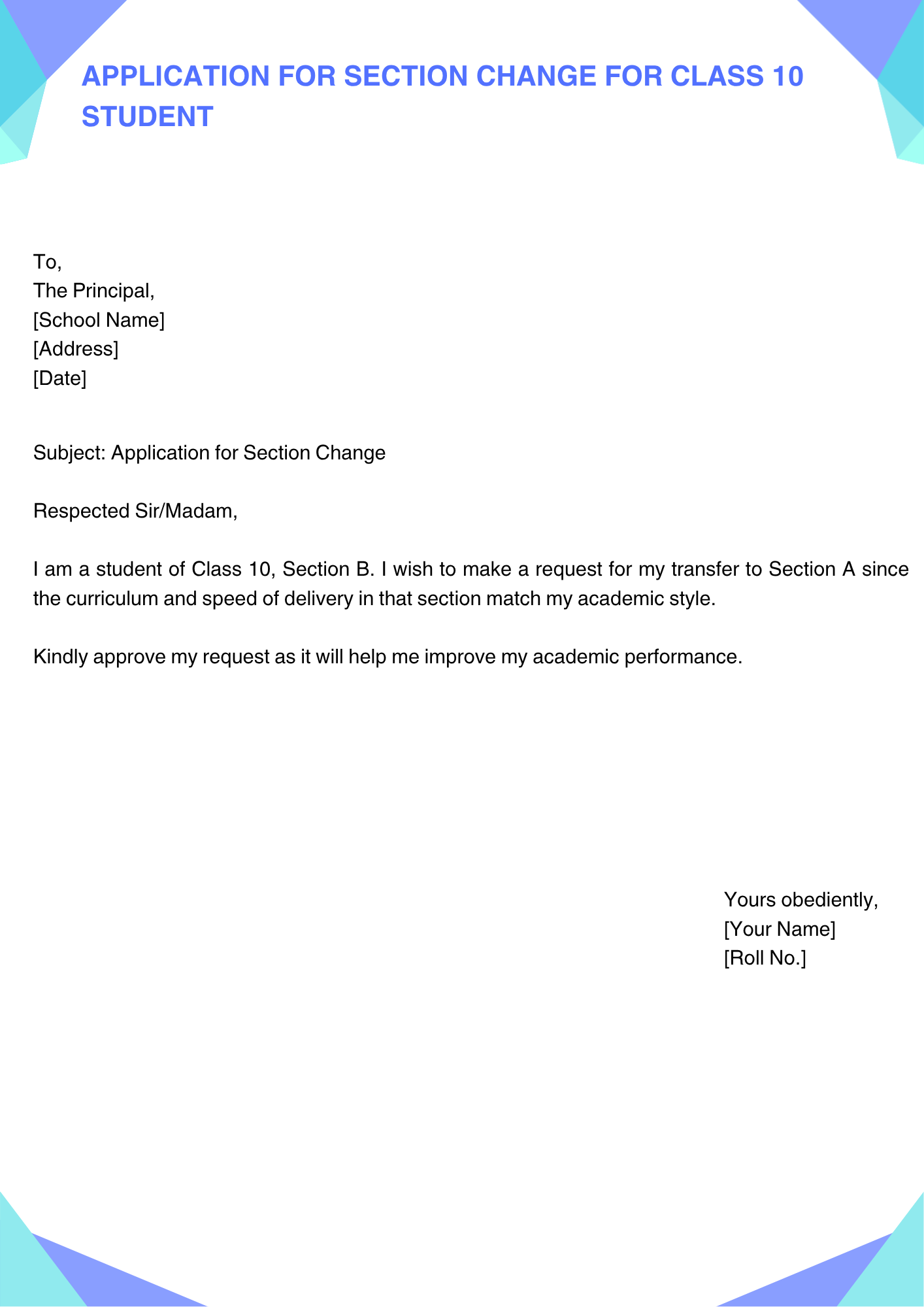 Application for Section Change for Class 10 Student