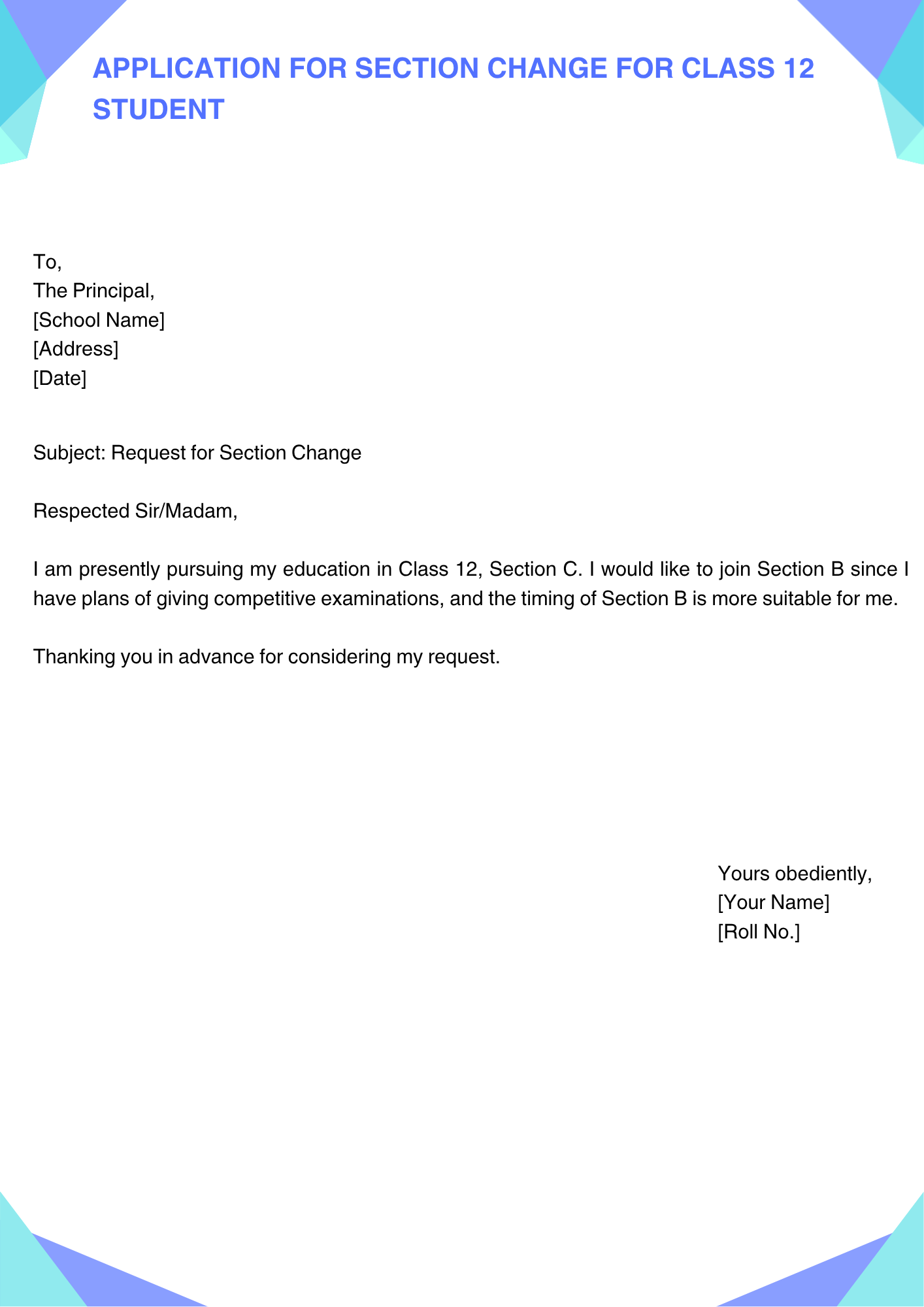 Application for Section Change for Class 12 Student