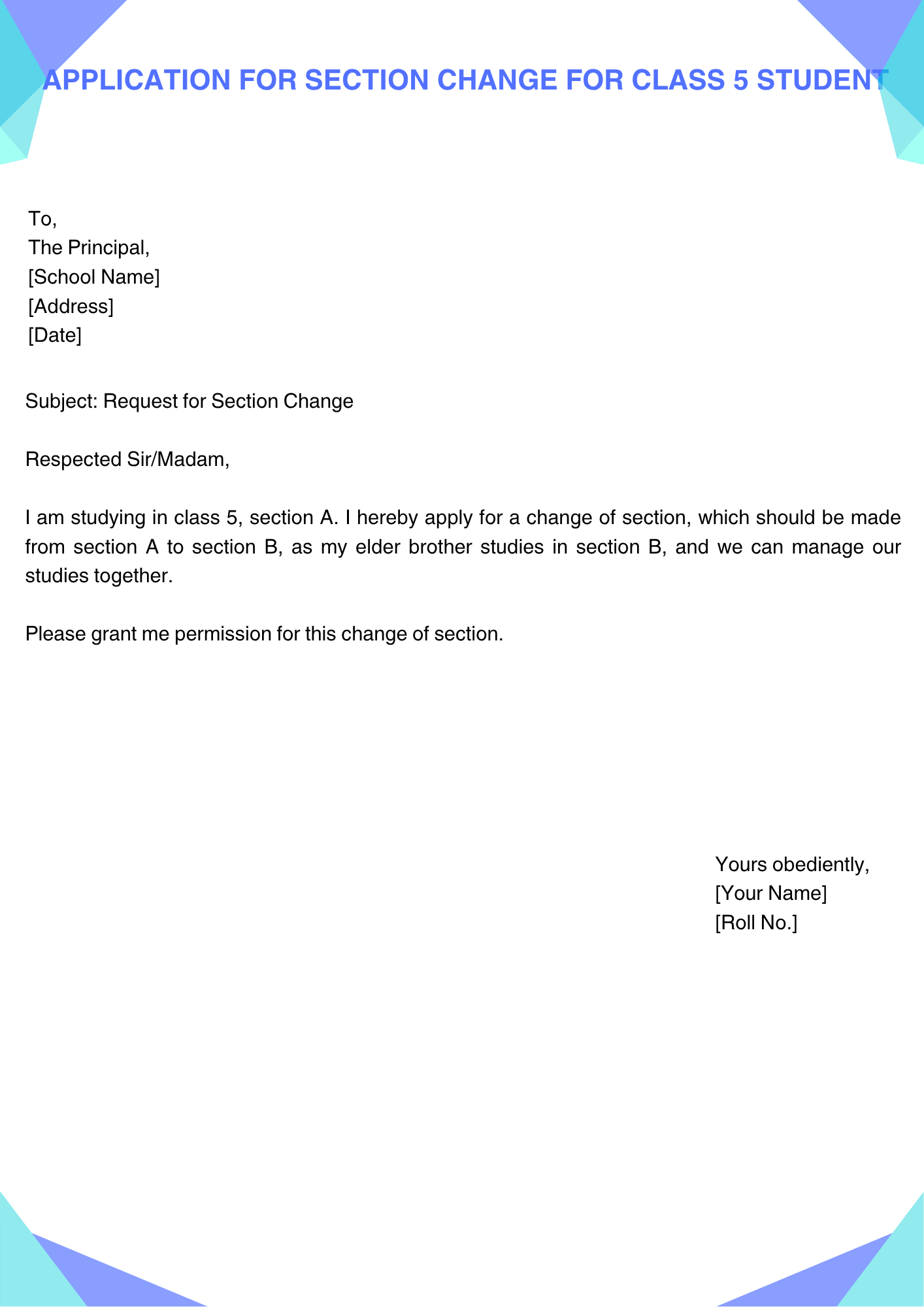 Application for Section Change for Class 5 Student