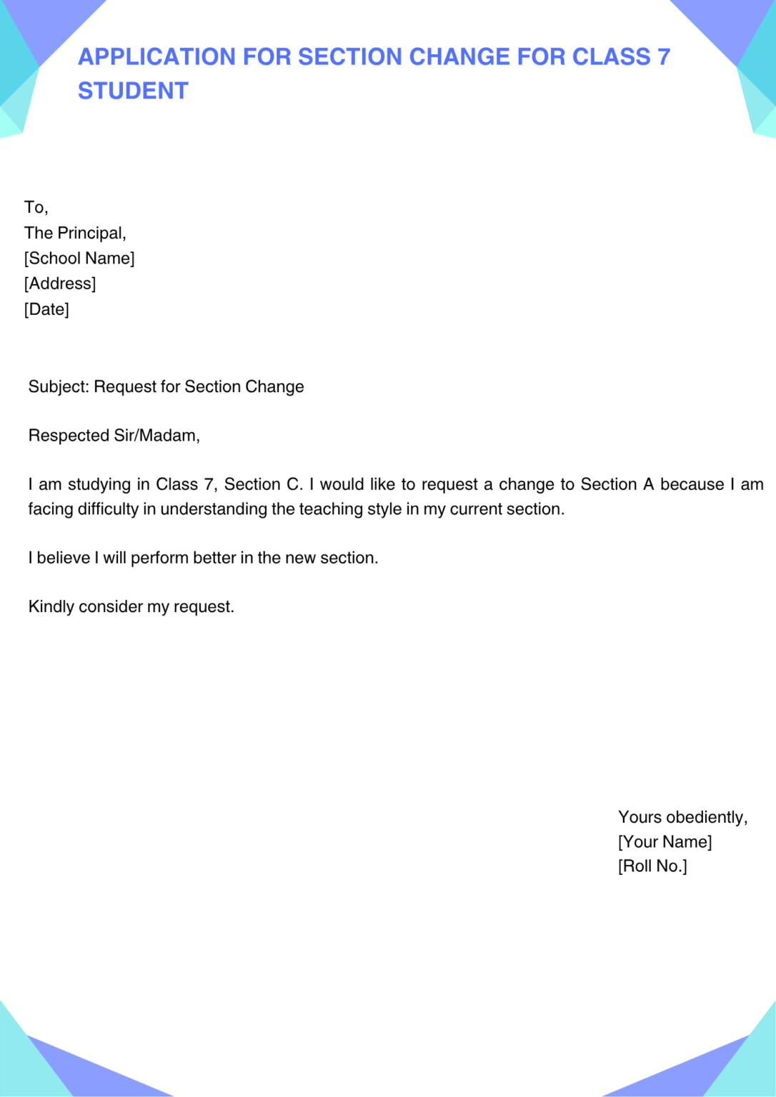 Section Change Application for Section Change in English (Format + 7 best Ready-to-Use ...