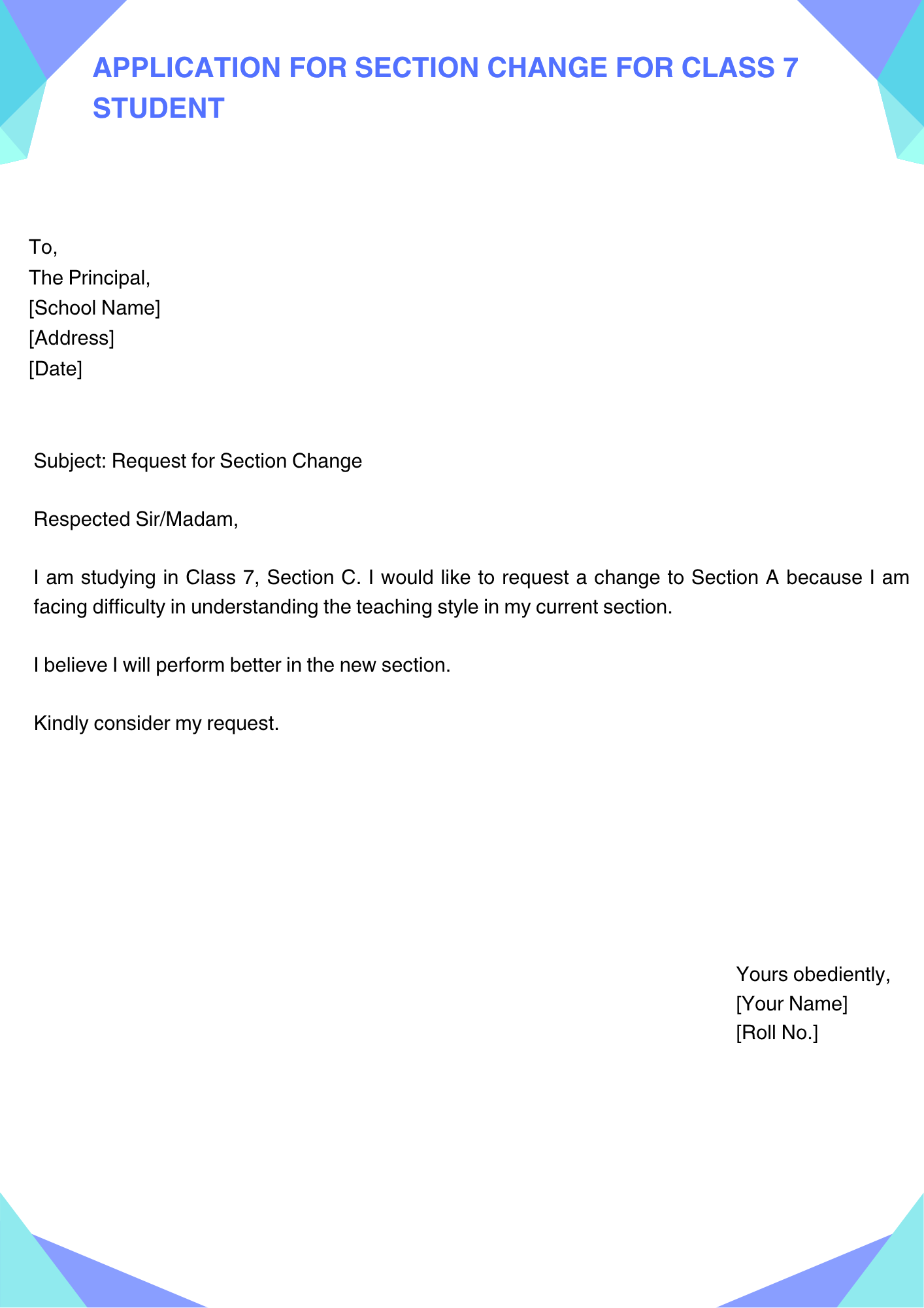 Application for Section Change for Class 7 Student