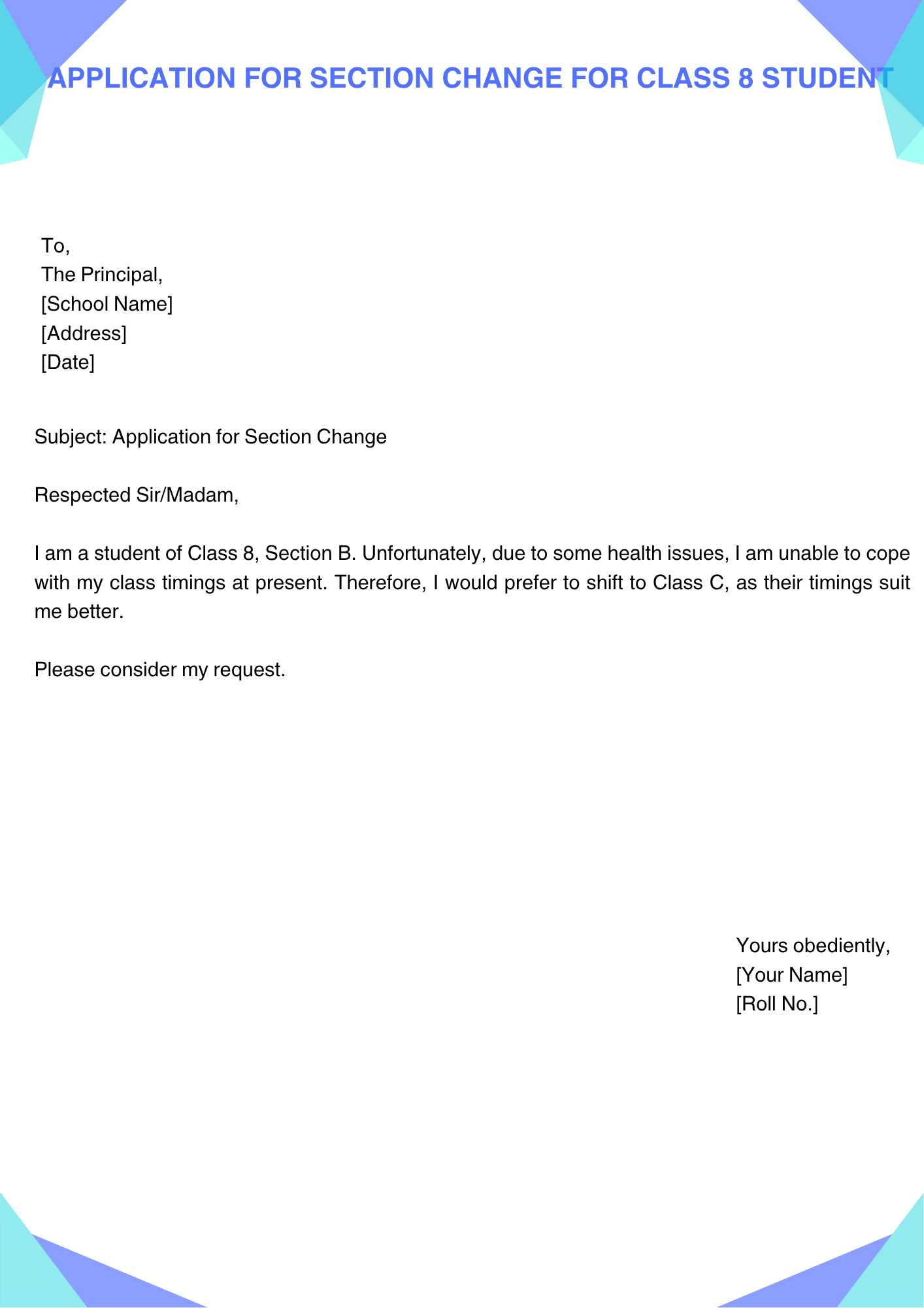 Application for Section Change for Class 8 Student