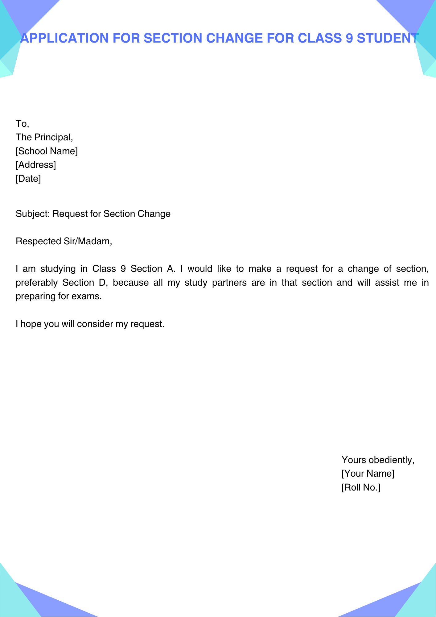 Application for Section Change for Class 9 Student