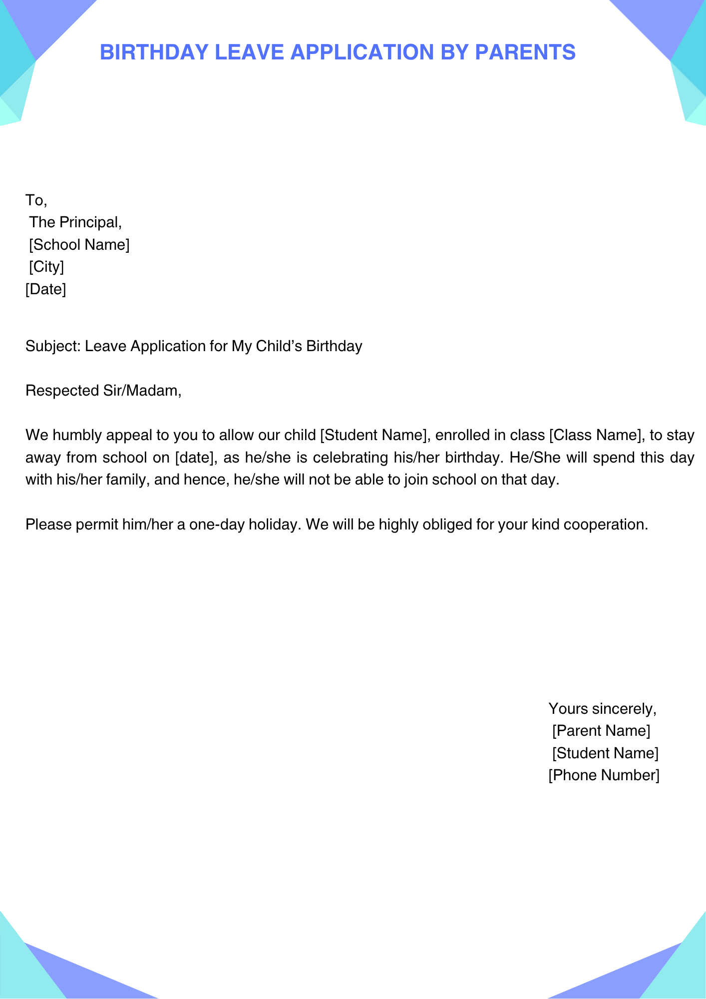 Birthday Leave Application by Parents