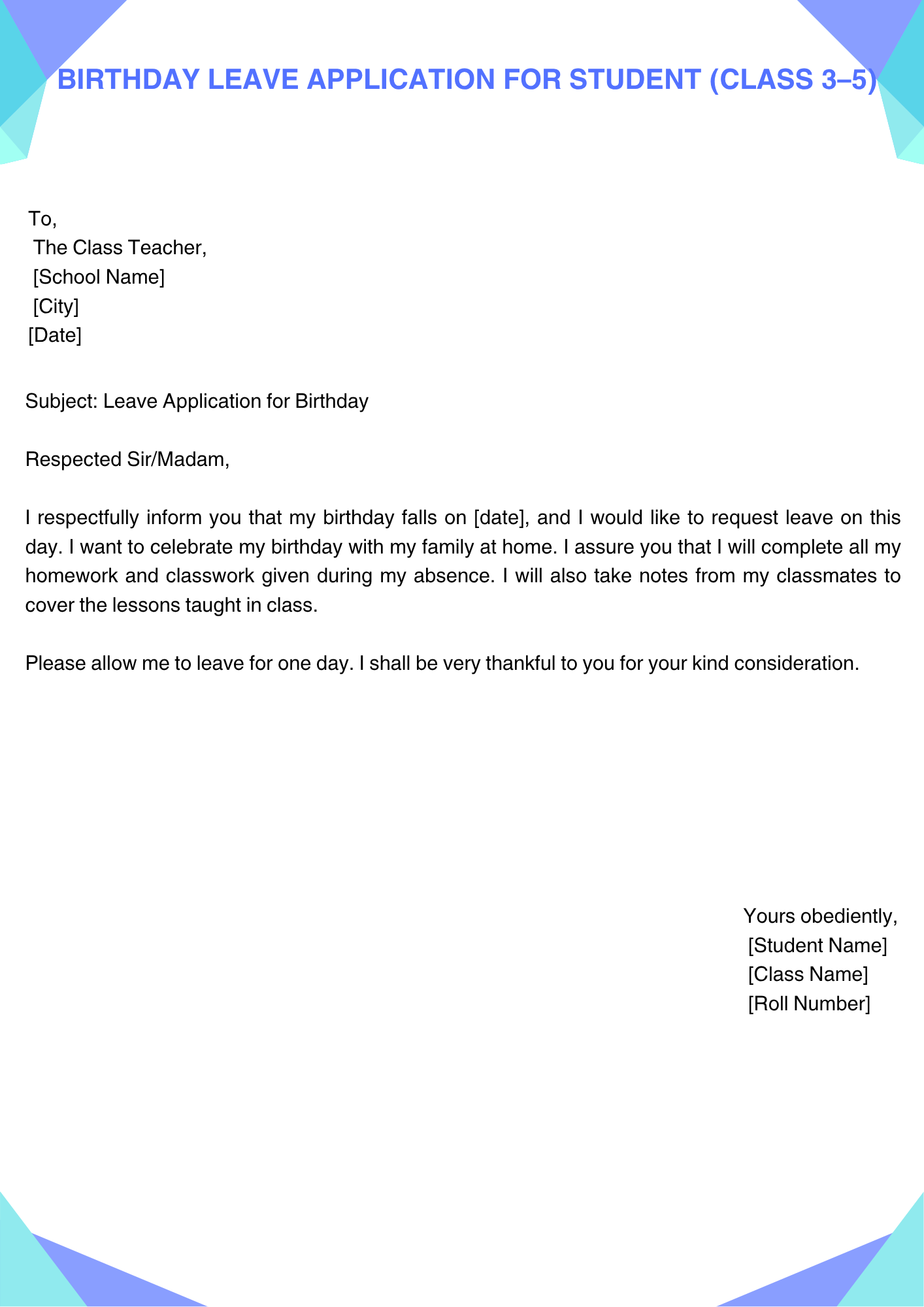 Birthday Leave Application for Student (Class 3–5)