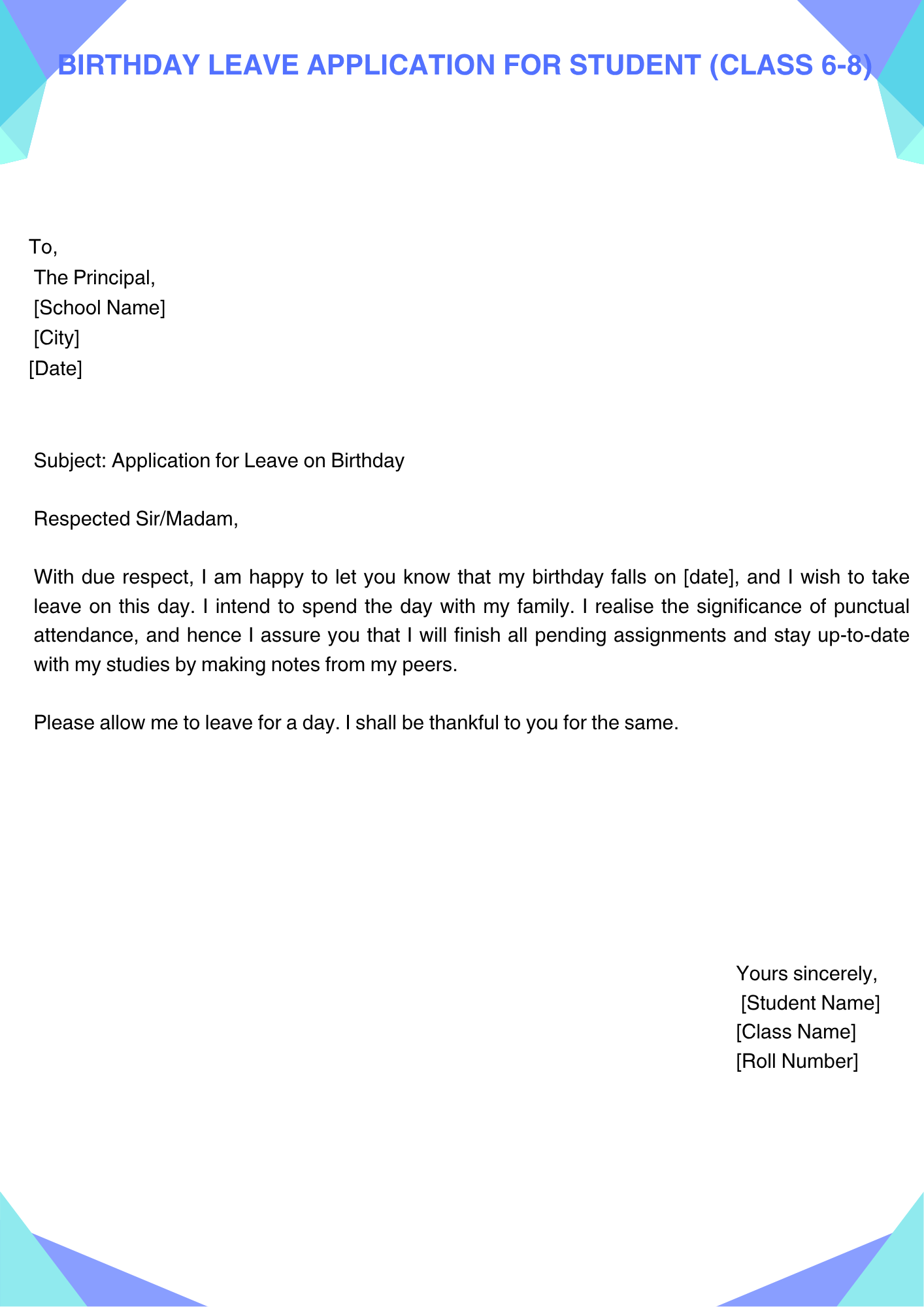 Birthday Leave Application for Student (Class 6-8)