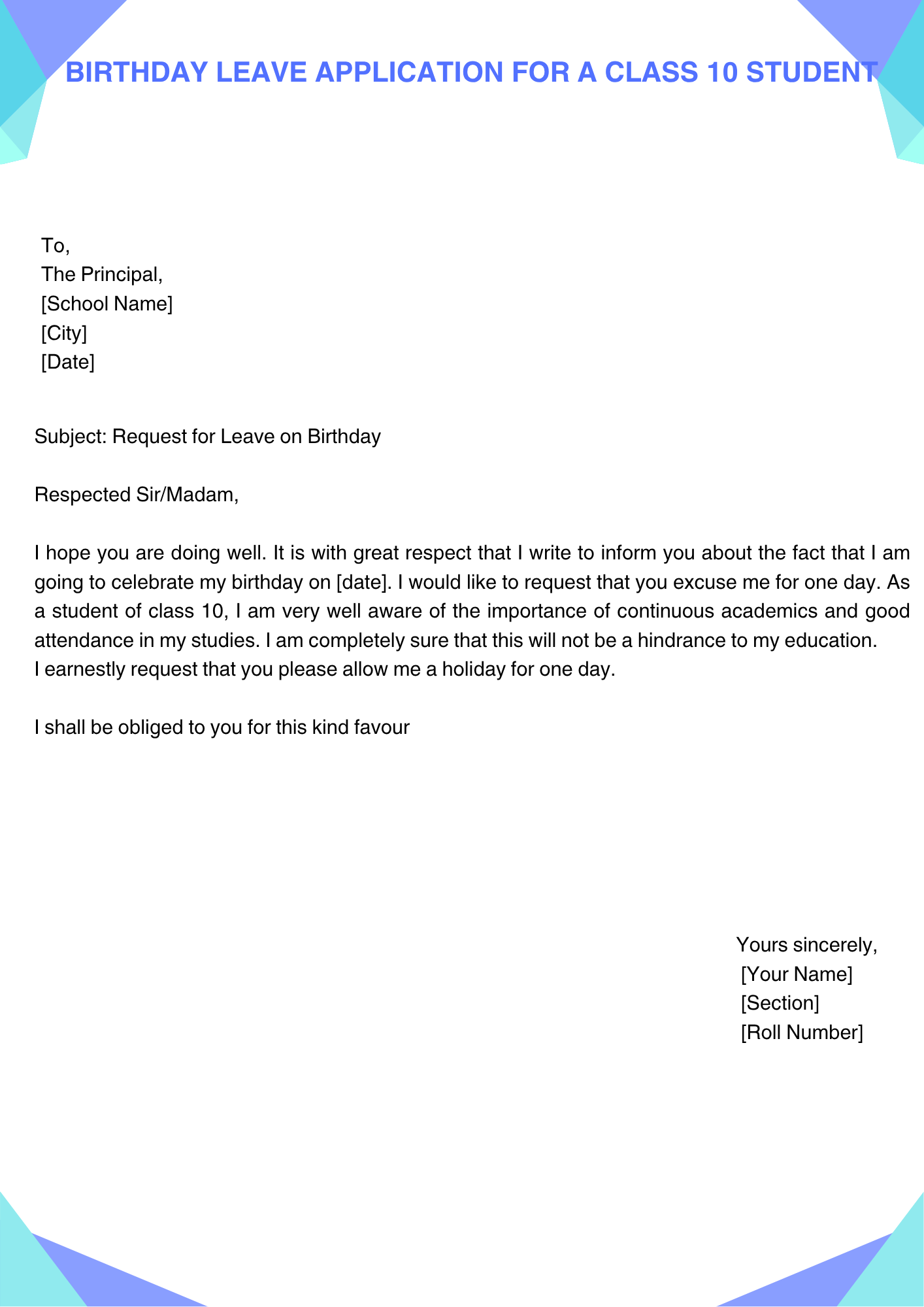 Birthday Leave Application for a class 10 student
