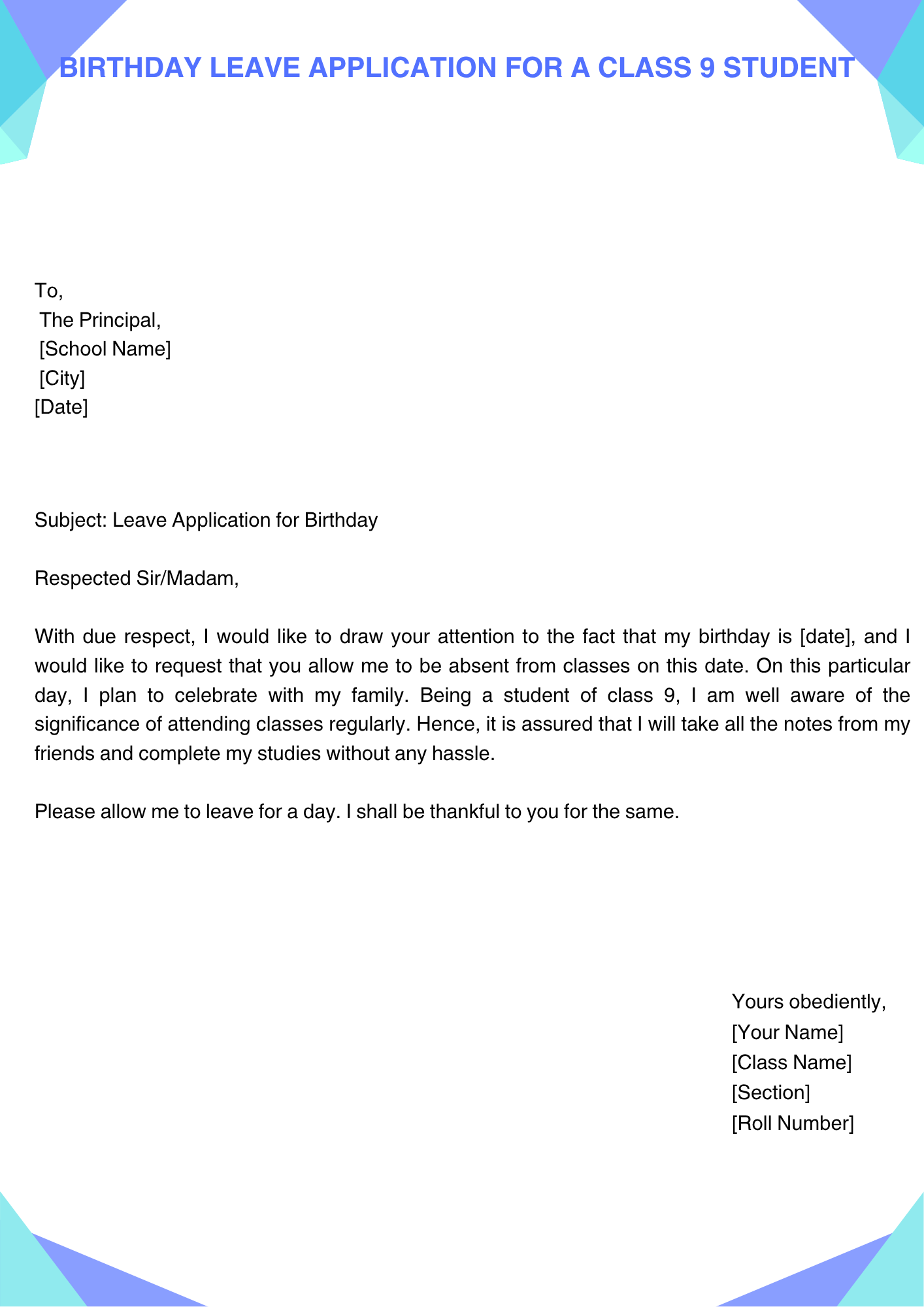 Birthday Leave Application for a class 9 student