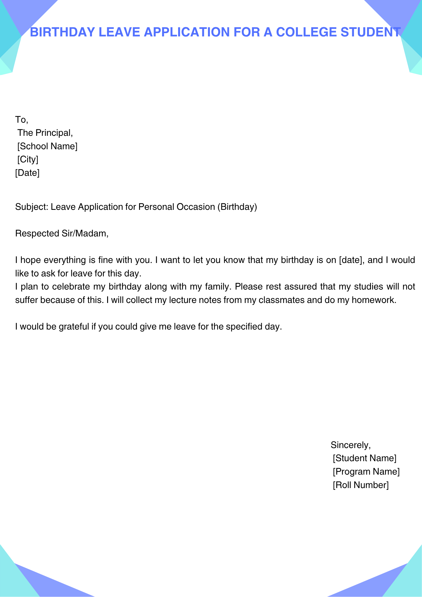 Birthday Leave Application for a college student