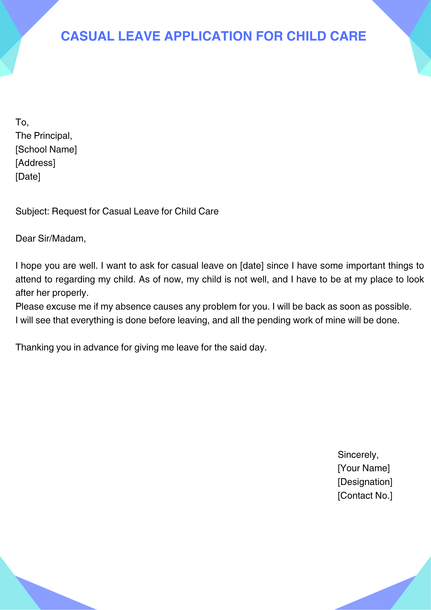 Casual Leave Application for Child Care