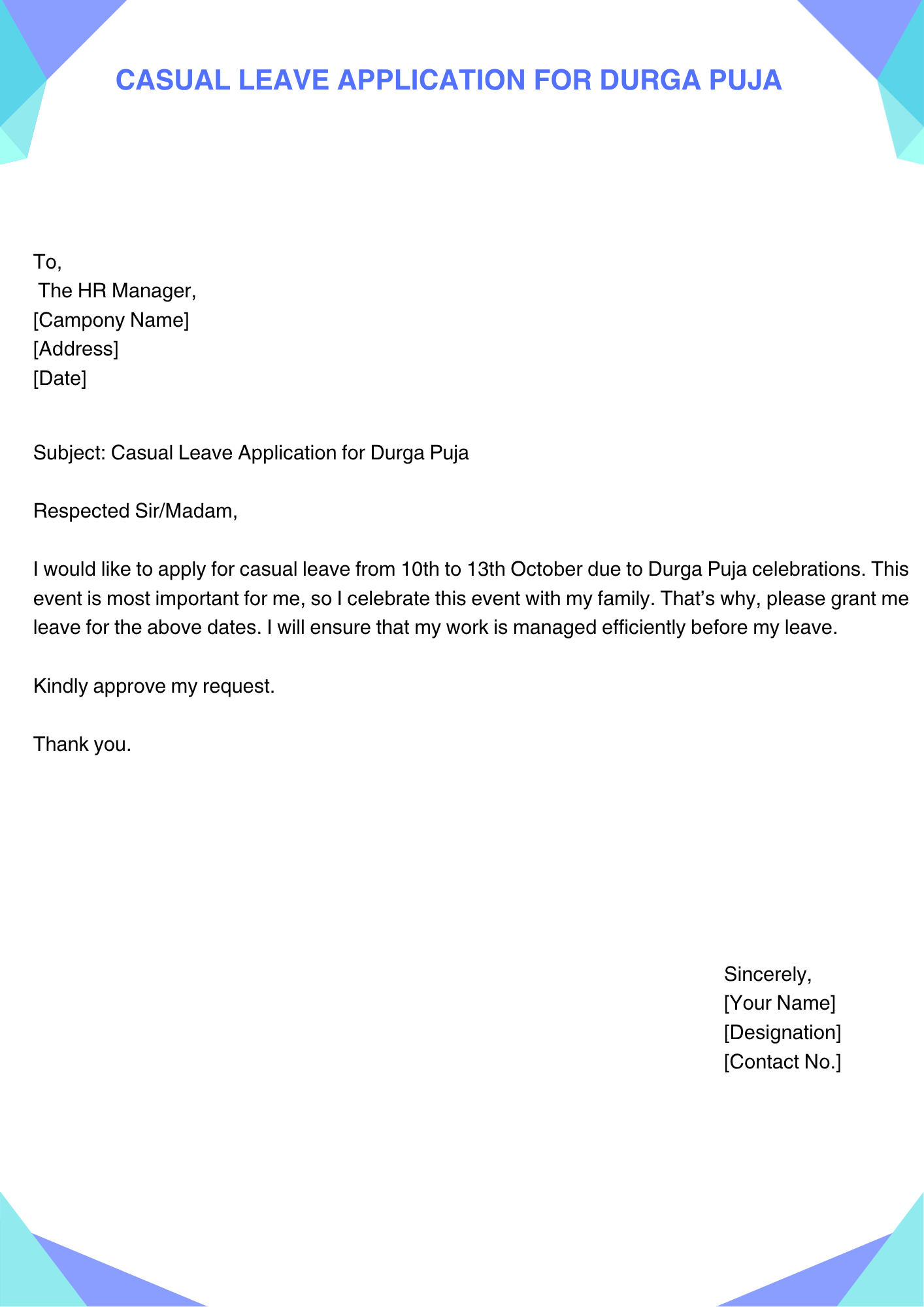 Casual Leave Application for Durga Puja