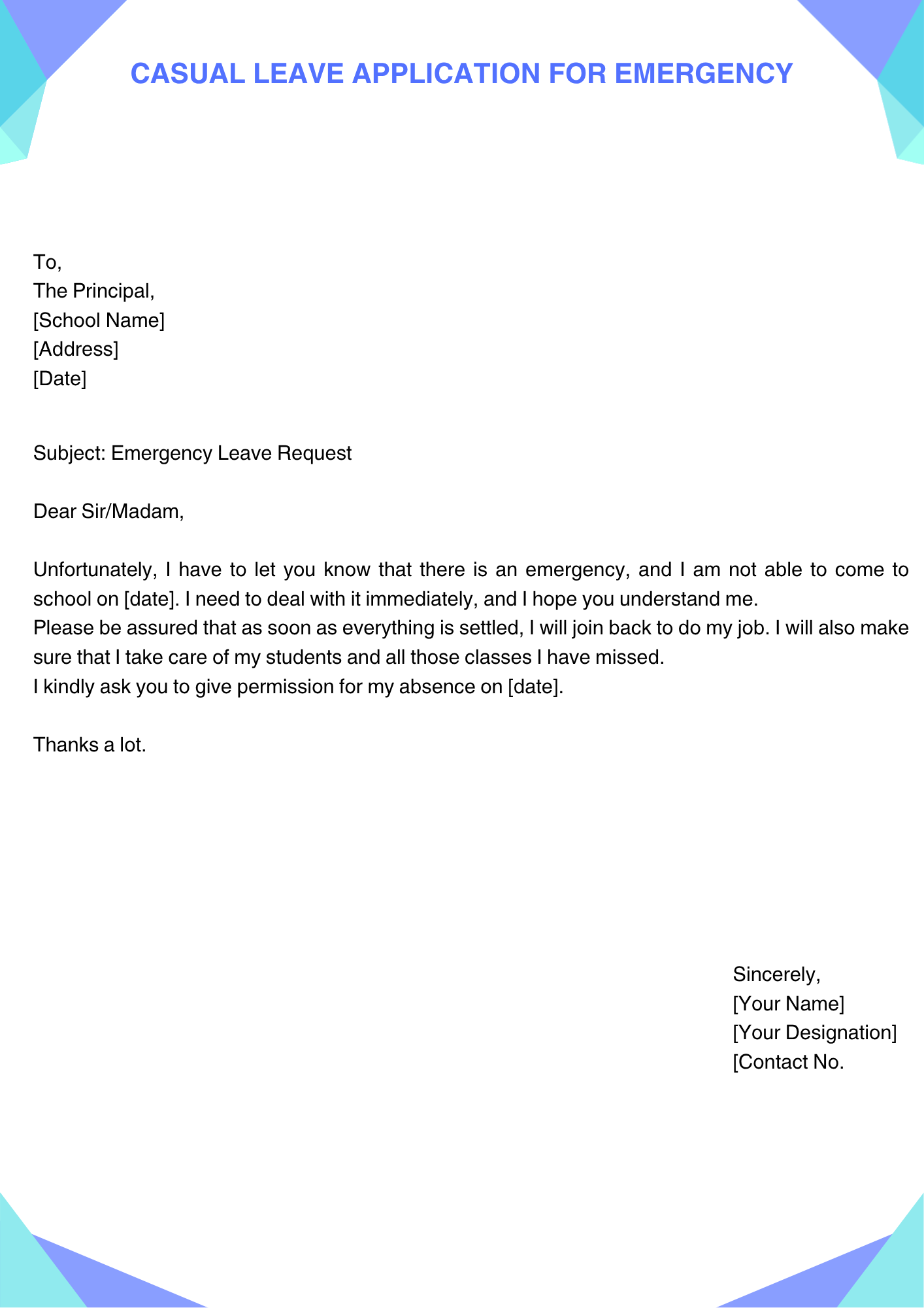 Casual Leave Application for Emergency