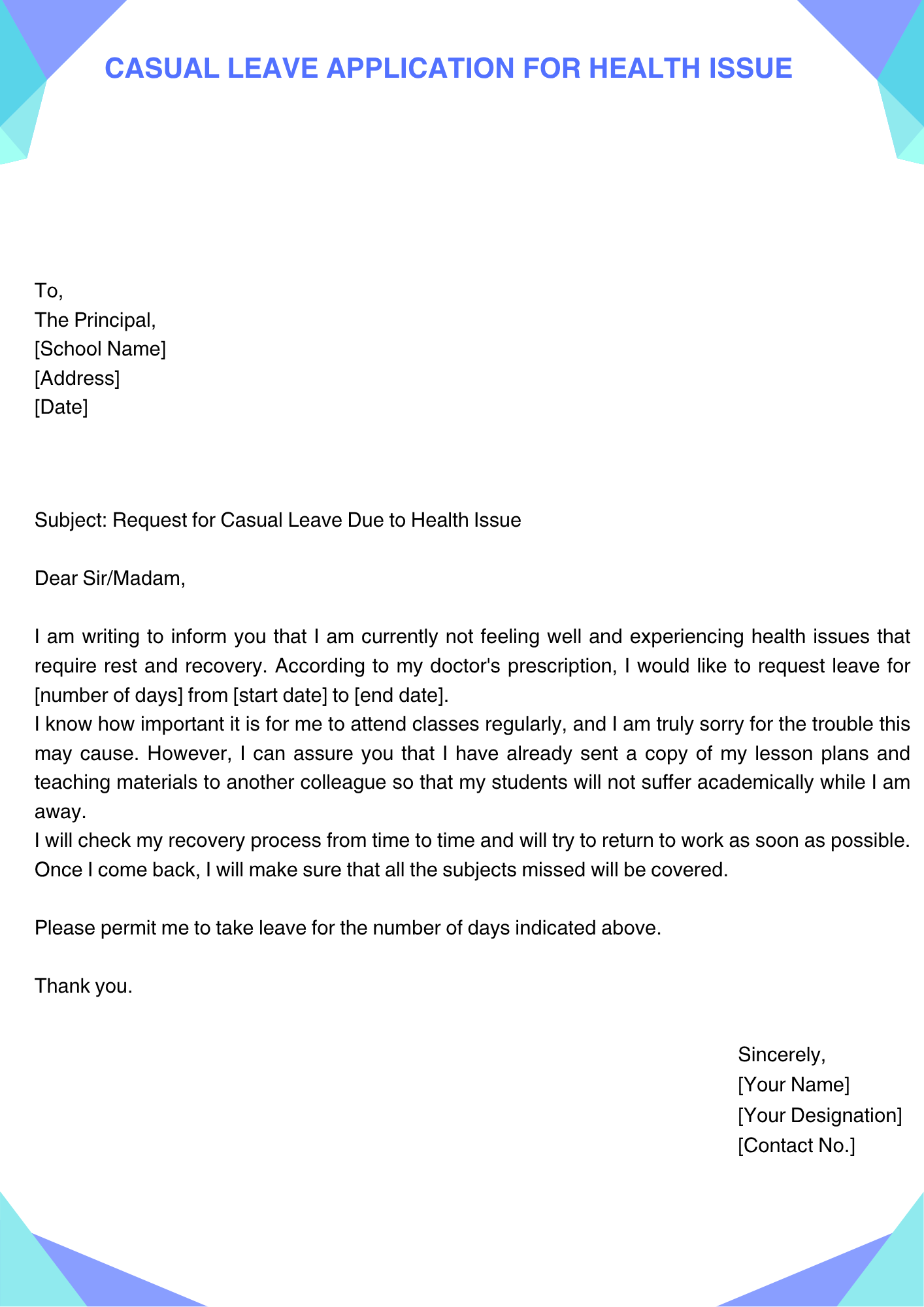 Casual Leave Application for Health Issue