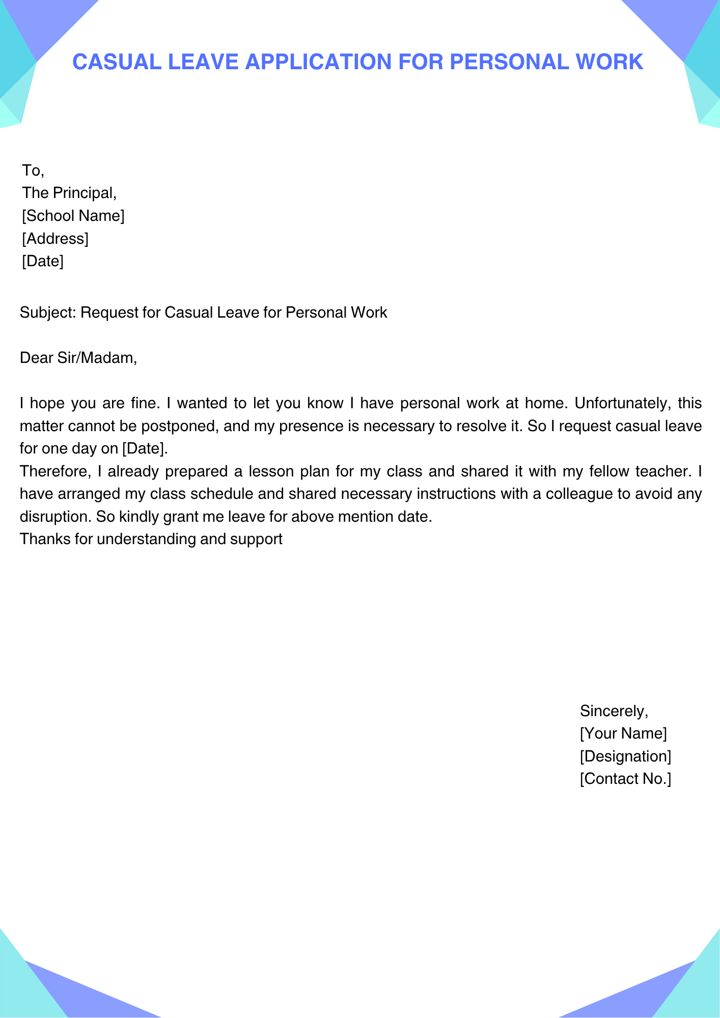 Casual Leave Application for Personal Work