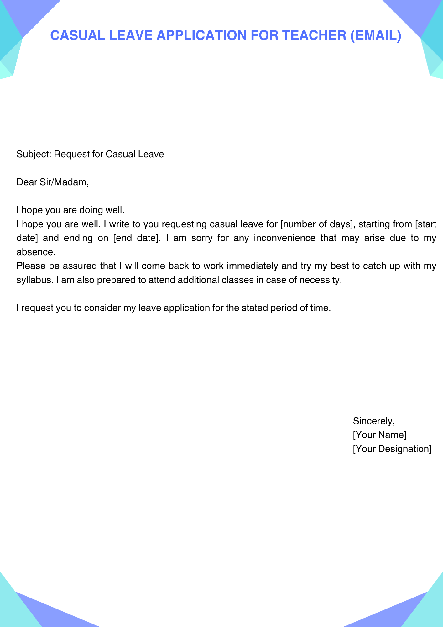 Casual Leave Application for Teacher (Email)