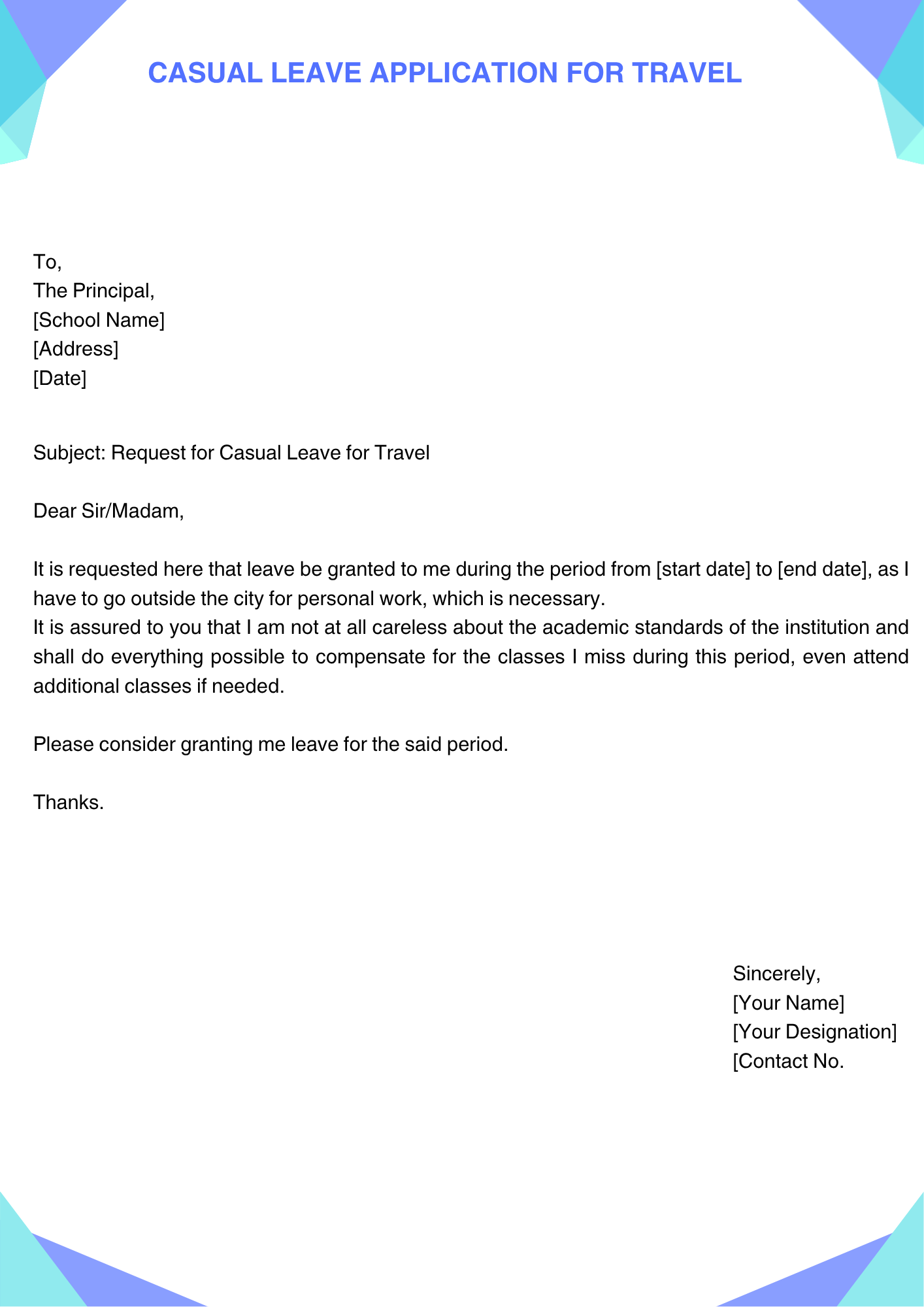 Casual Leave Application for Travel