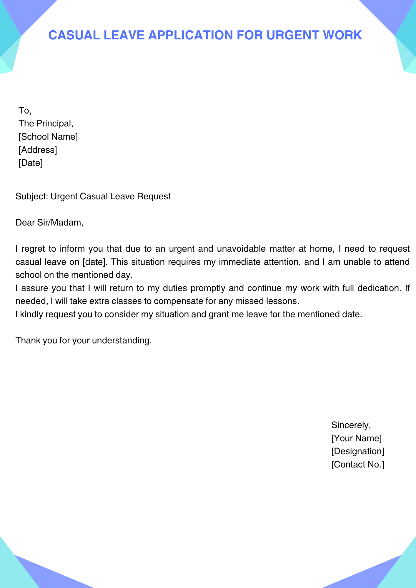 Casual Leave Application for Urgent Work