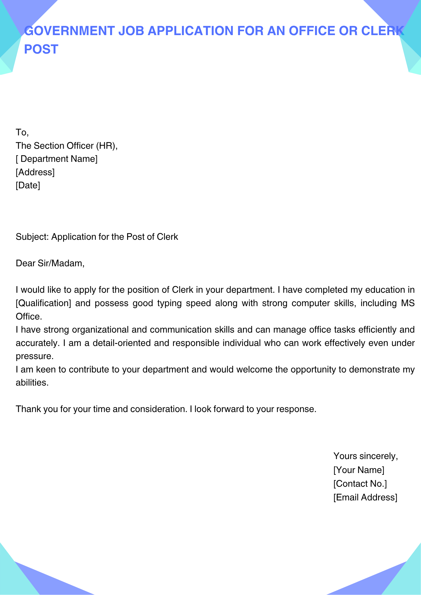 Government Job Application for an Office or Clerk post