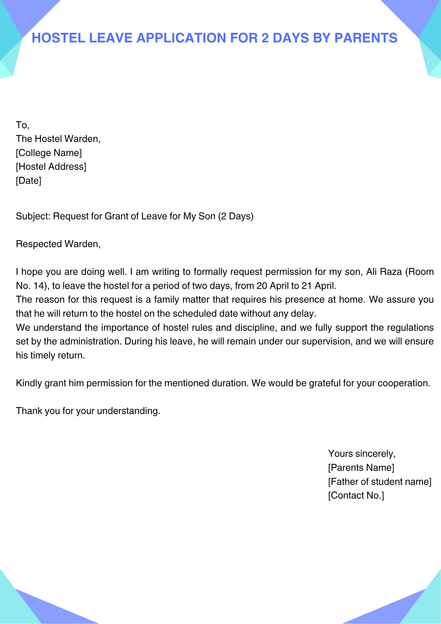 Hostel Leave Application for 2 Days by Parents
