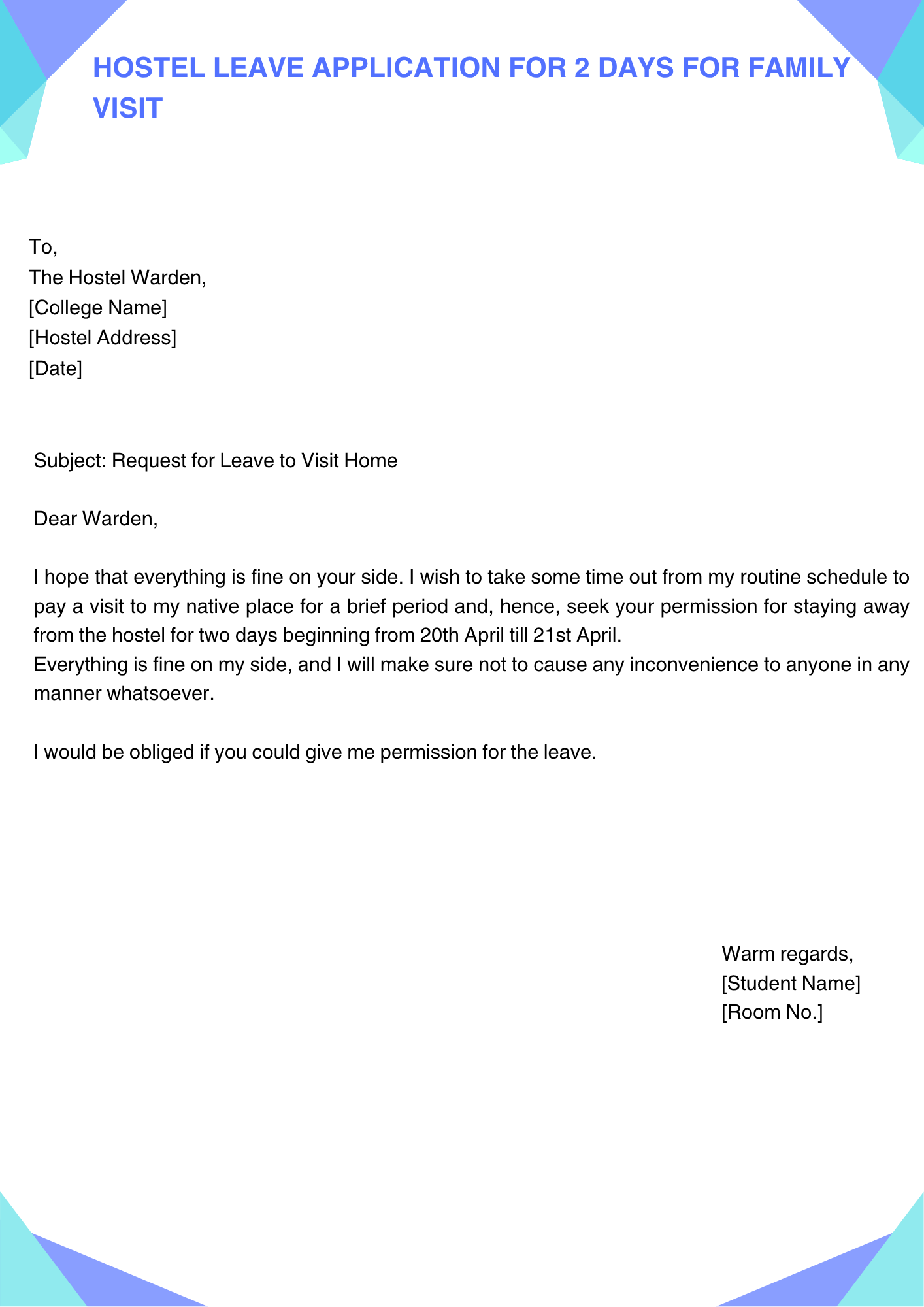 Hostel Leave Application for 2 Days for Family Visit