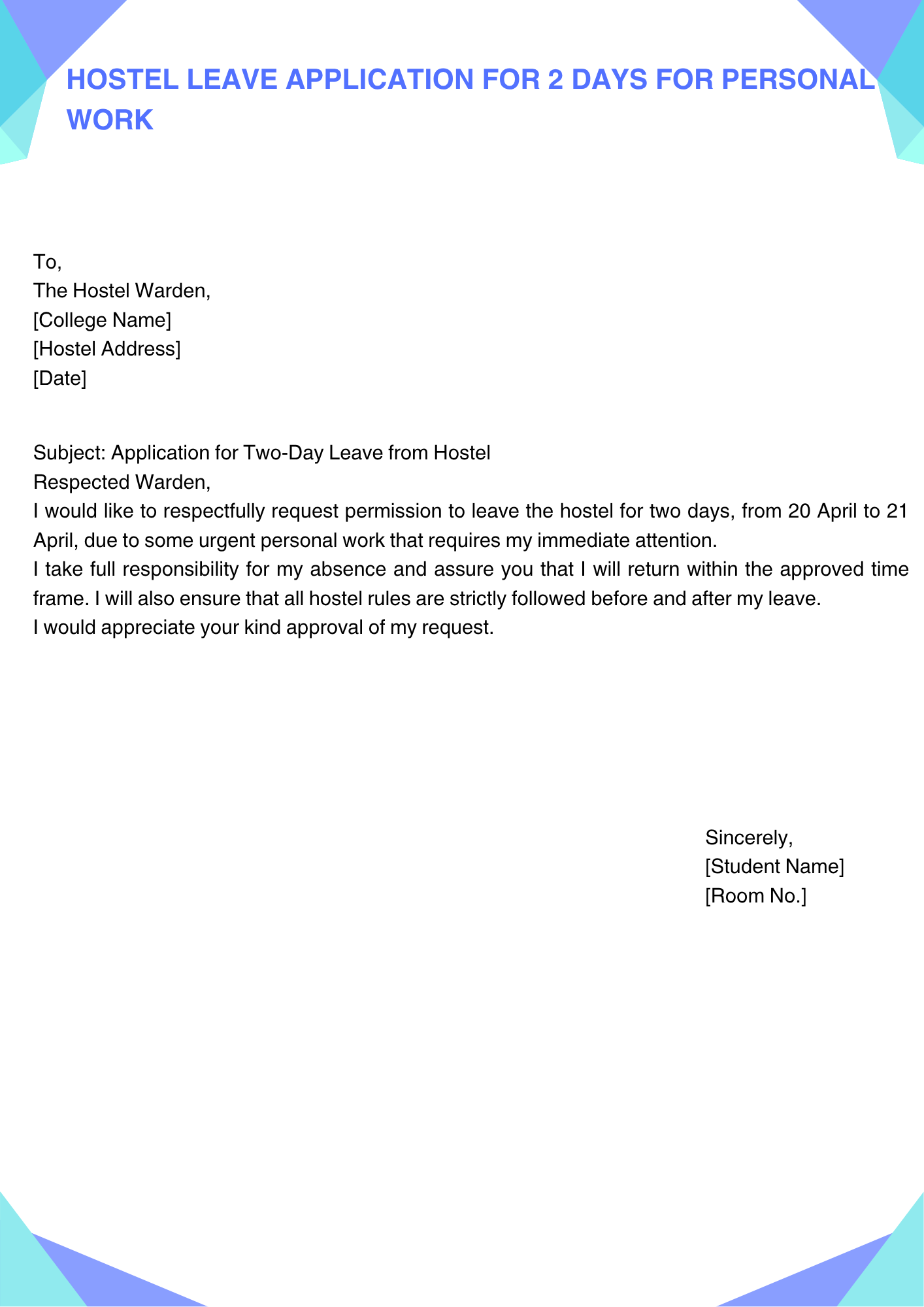 Hostel Leave Application for 2 Days for Personal Work