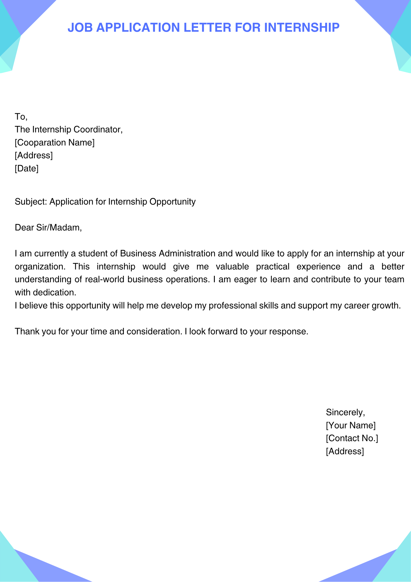 Job Application Letter for Internship