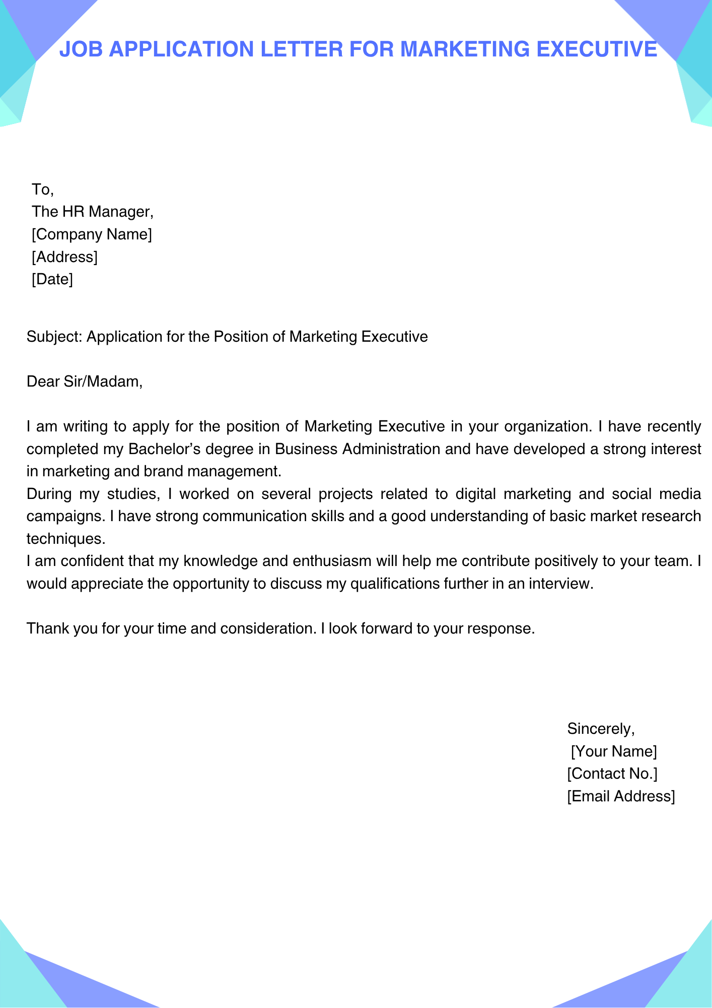 Job Application Letter for Marketing Executive