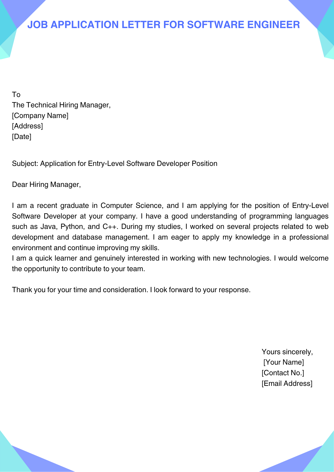 Job Application Letter for Software Engineer