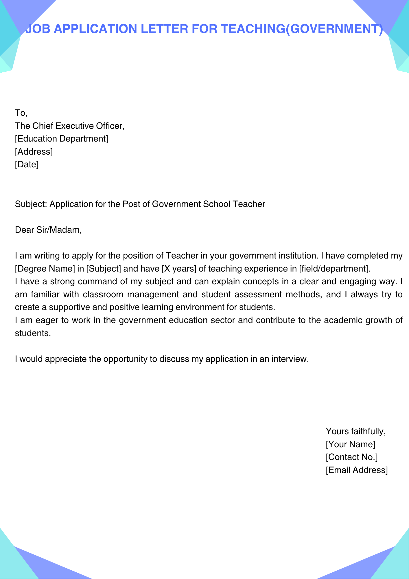Job Application Letter for Teaching (Government)
