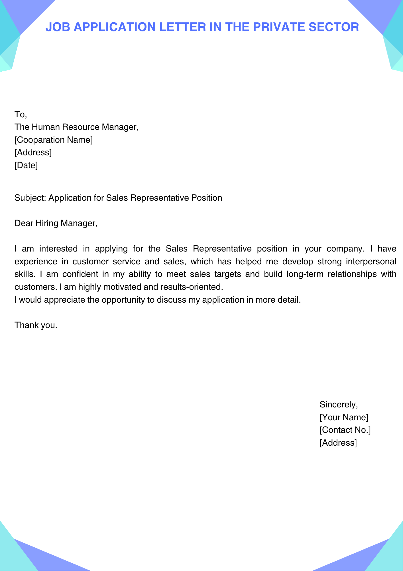 Job Application Letter in the Private Sector