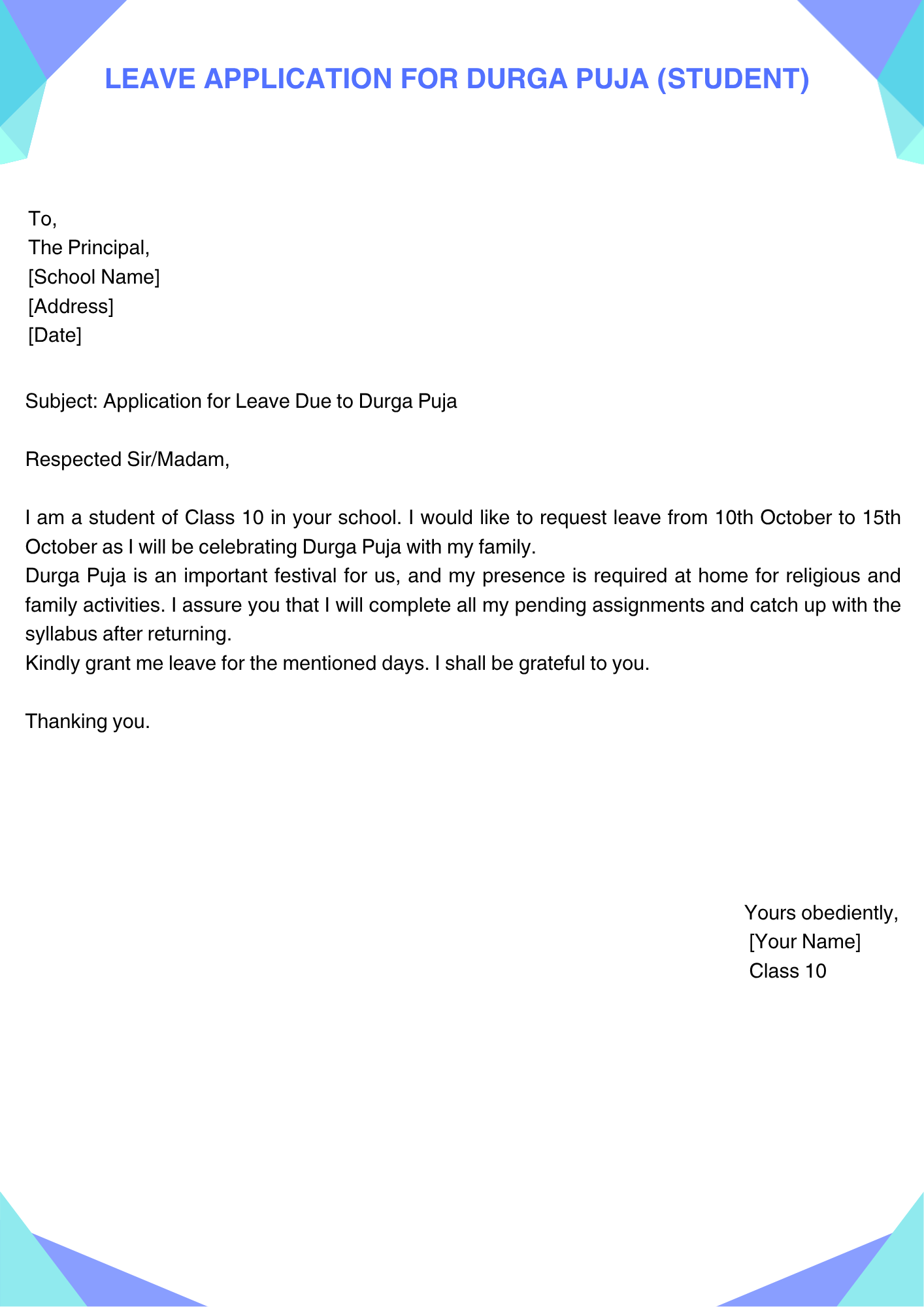 Leave Application for Durga Puja (Student)