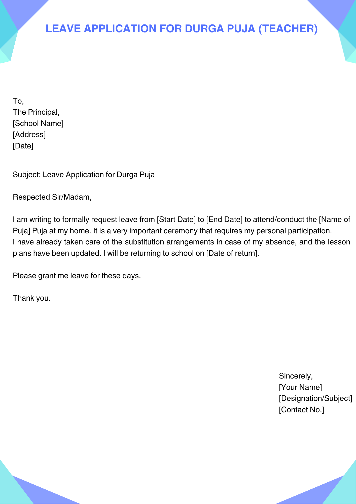 Leave Application for Durga Puja (Teacher)