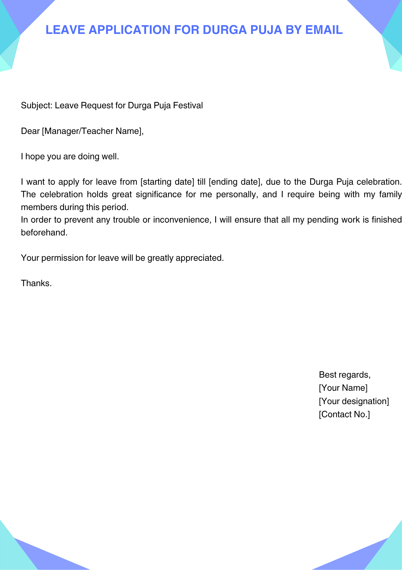 Leave Application for Durga Puja by Email