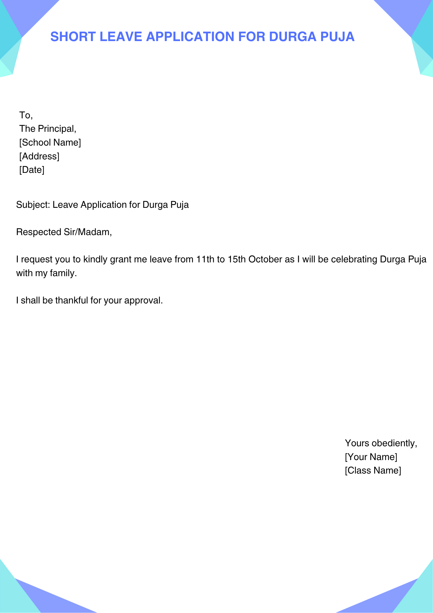 Short Leave Application for Durga Puja