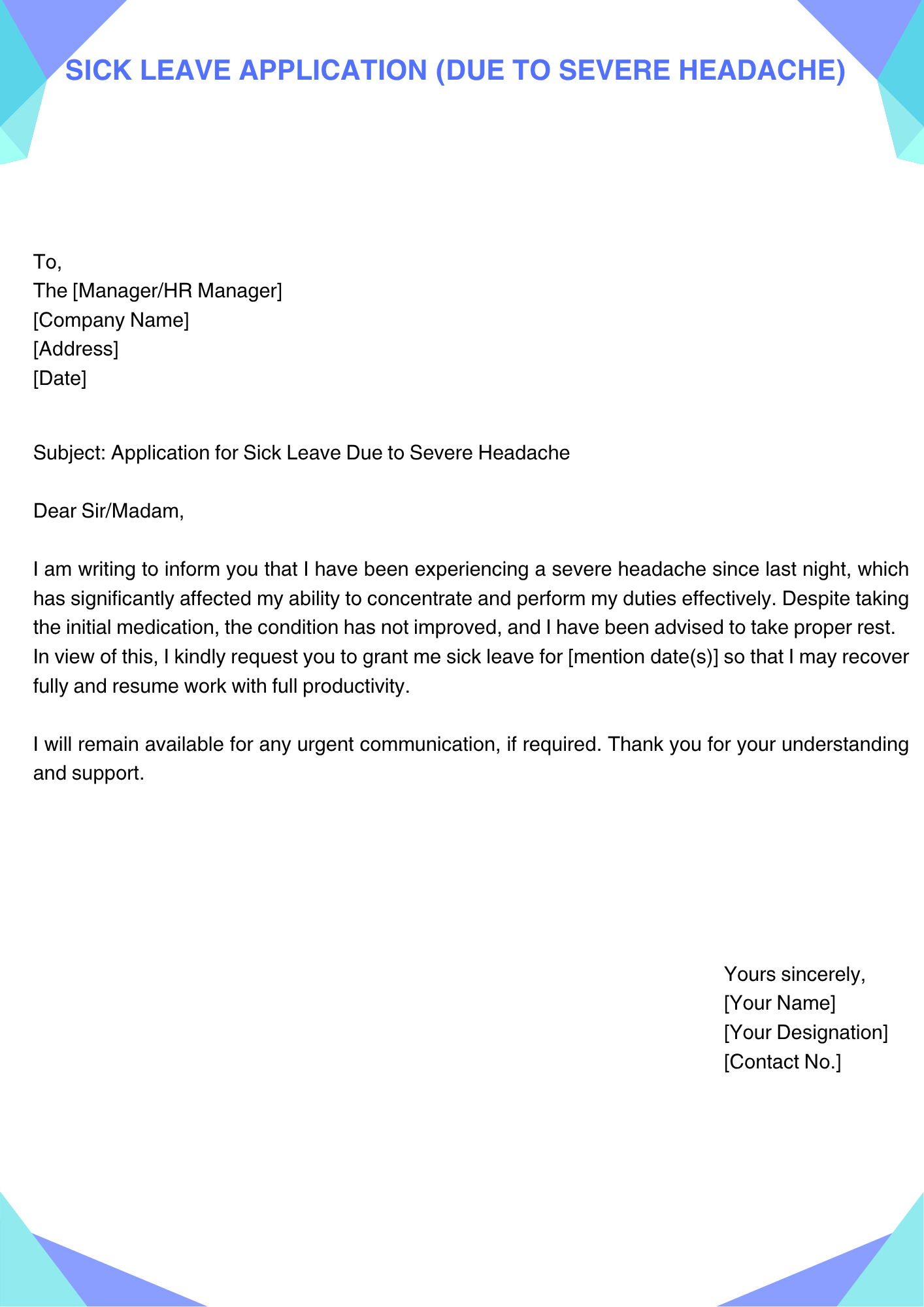 Sick Leave Application (Due to Severe Headache)