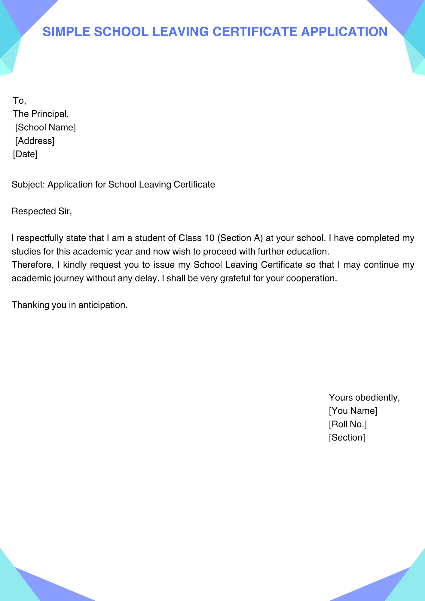 Simple School Leaving Certificate Application