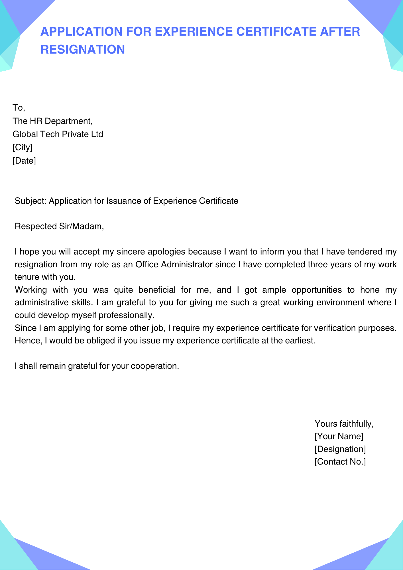 Application for Experience Certificate after Resignation