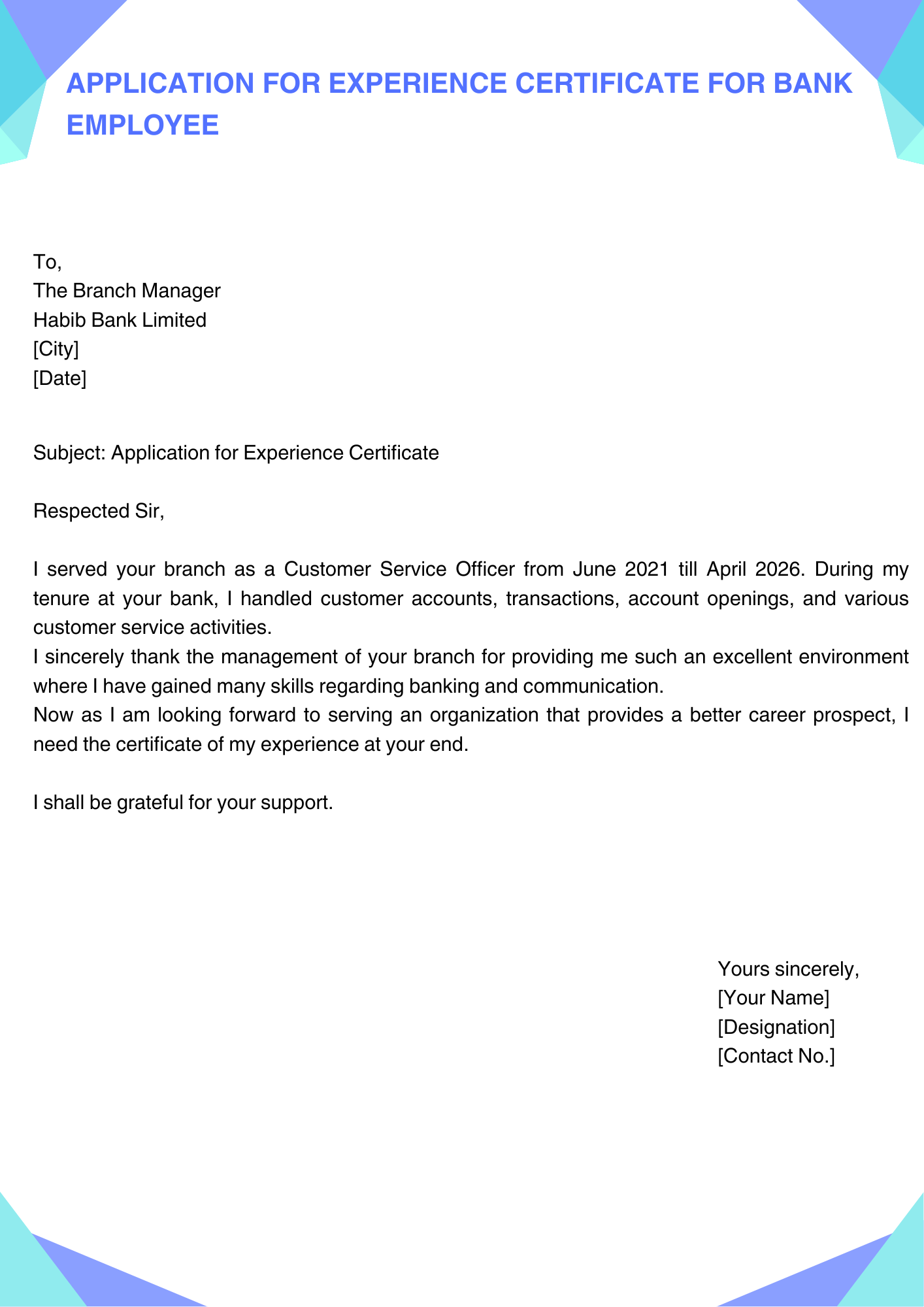 Application for Experience Certificate for Bank Employee