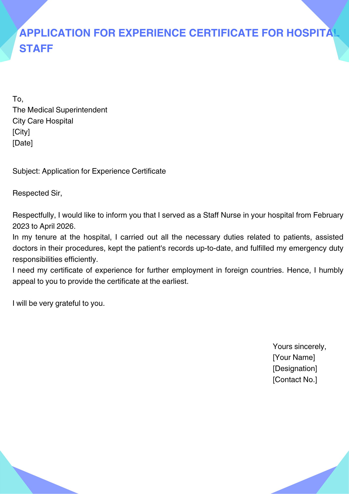 Application for Experience Certificate for Hospital Staff