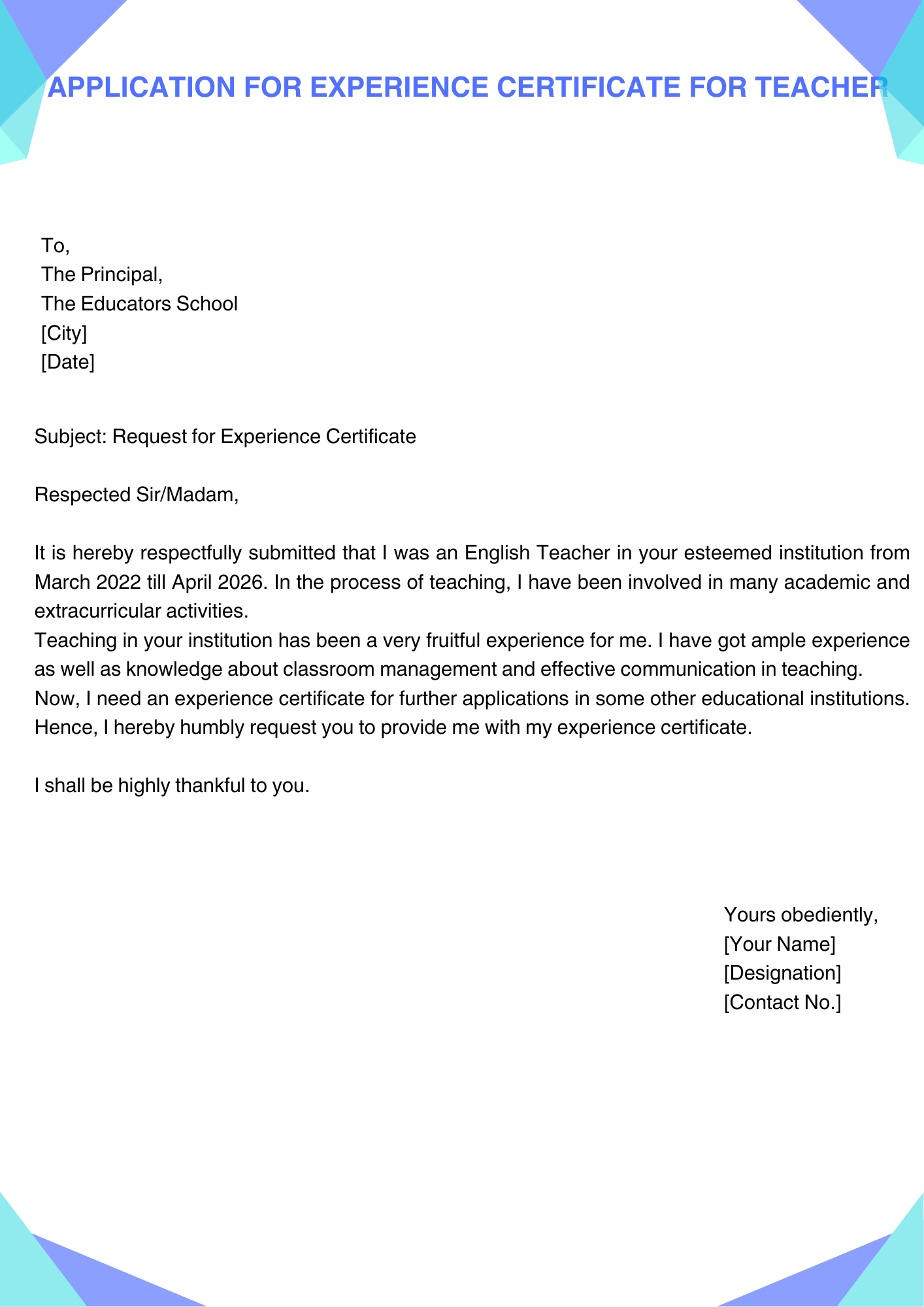 Application for Experience Certificate for Teacher