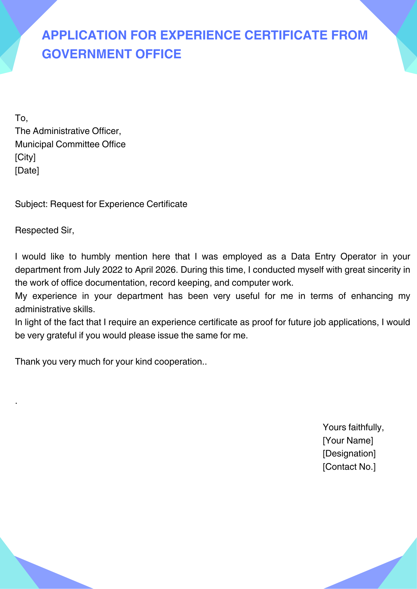 Application for Experience Certificate from Government Office