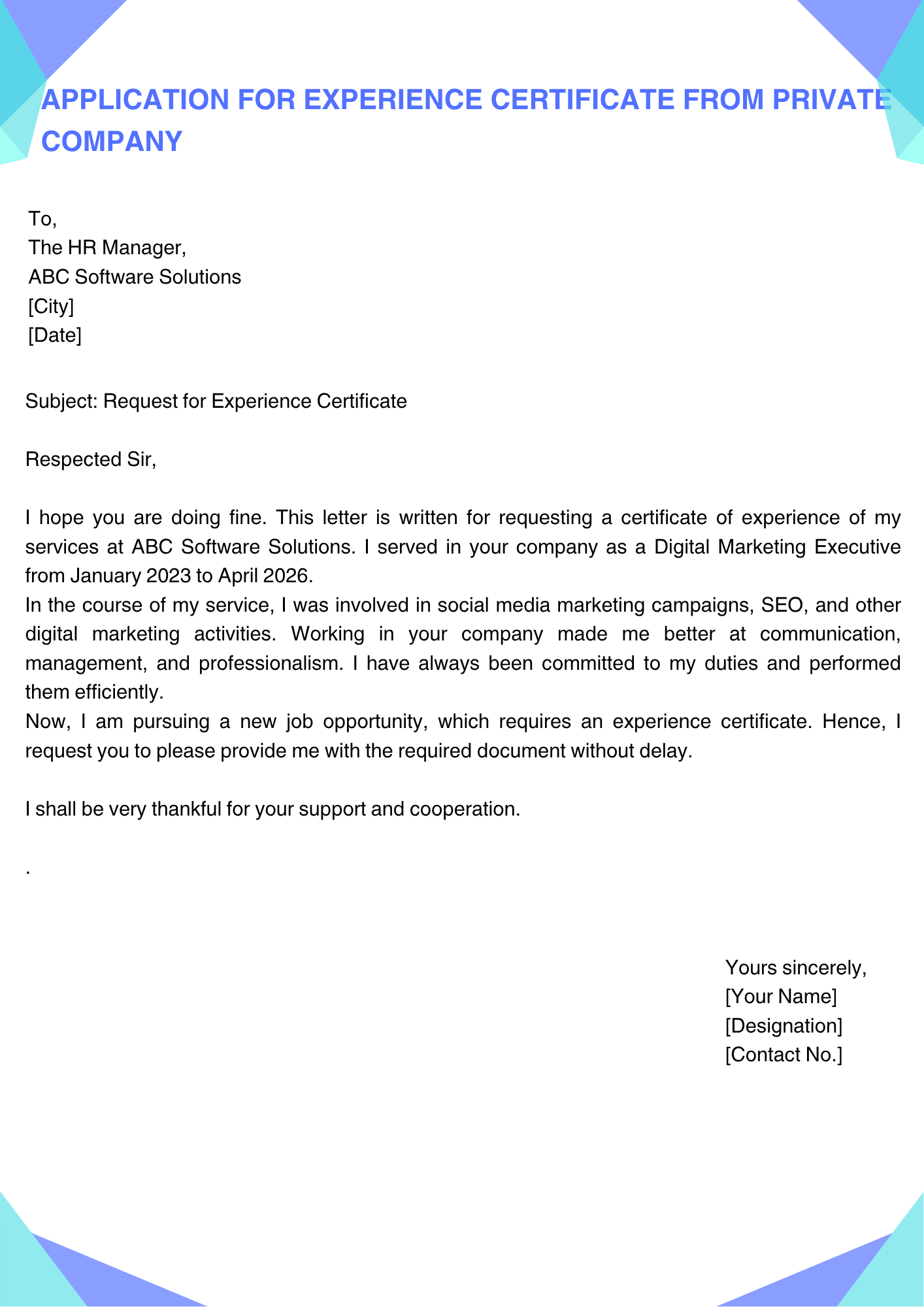 Application for Experience Certificate from Private Company